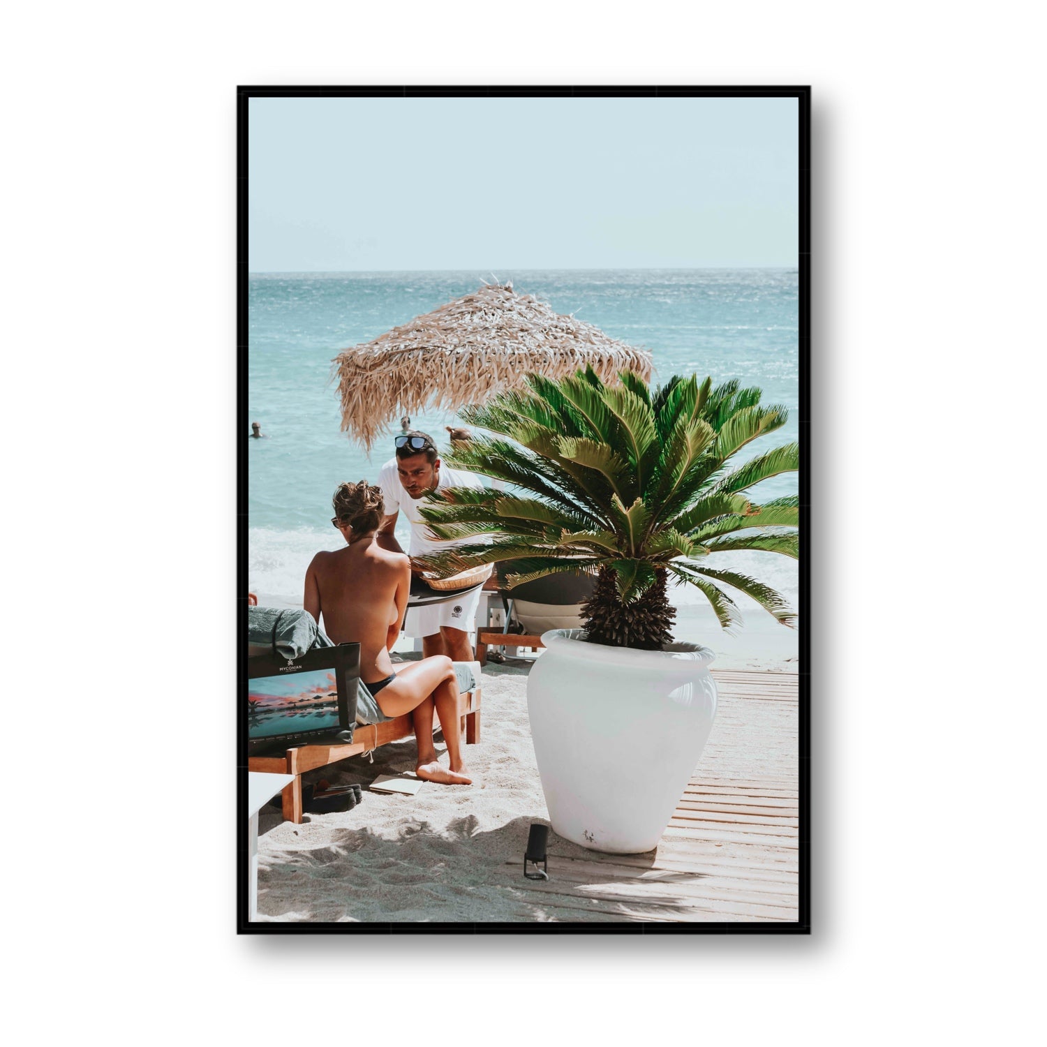 At Your Service Mykonos Greek island wall art Statement fine art canvas in black float frame