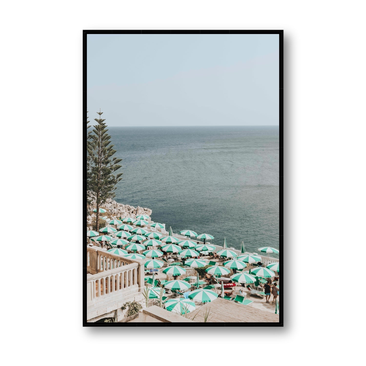 Sun-drenched Stripes Puglia beach coastal wall art Statement fine art canvas in black float frame