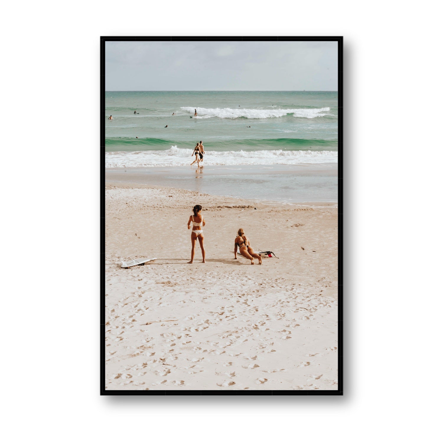 Gidget & Betty Byron Bay beach coastal wall art Statement fine art canvas in black float frame