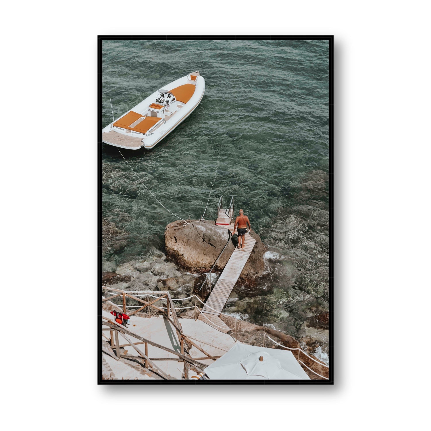 Secret Cove Tuscany coastal Italian wall art Statement fine art canvas in black float frame