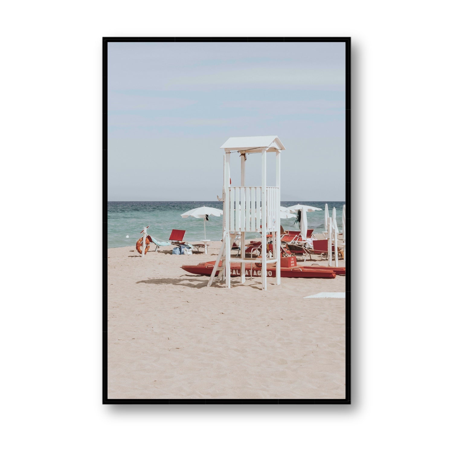 Barefoot Bliss Puglia beach Italian coastal decor wall art Statement fine art canvas in black float frame