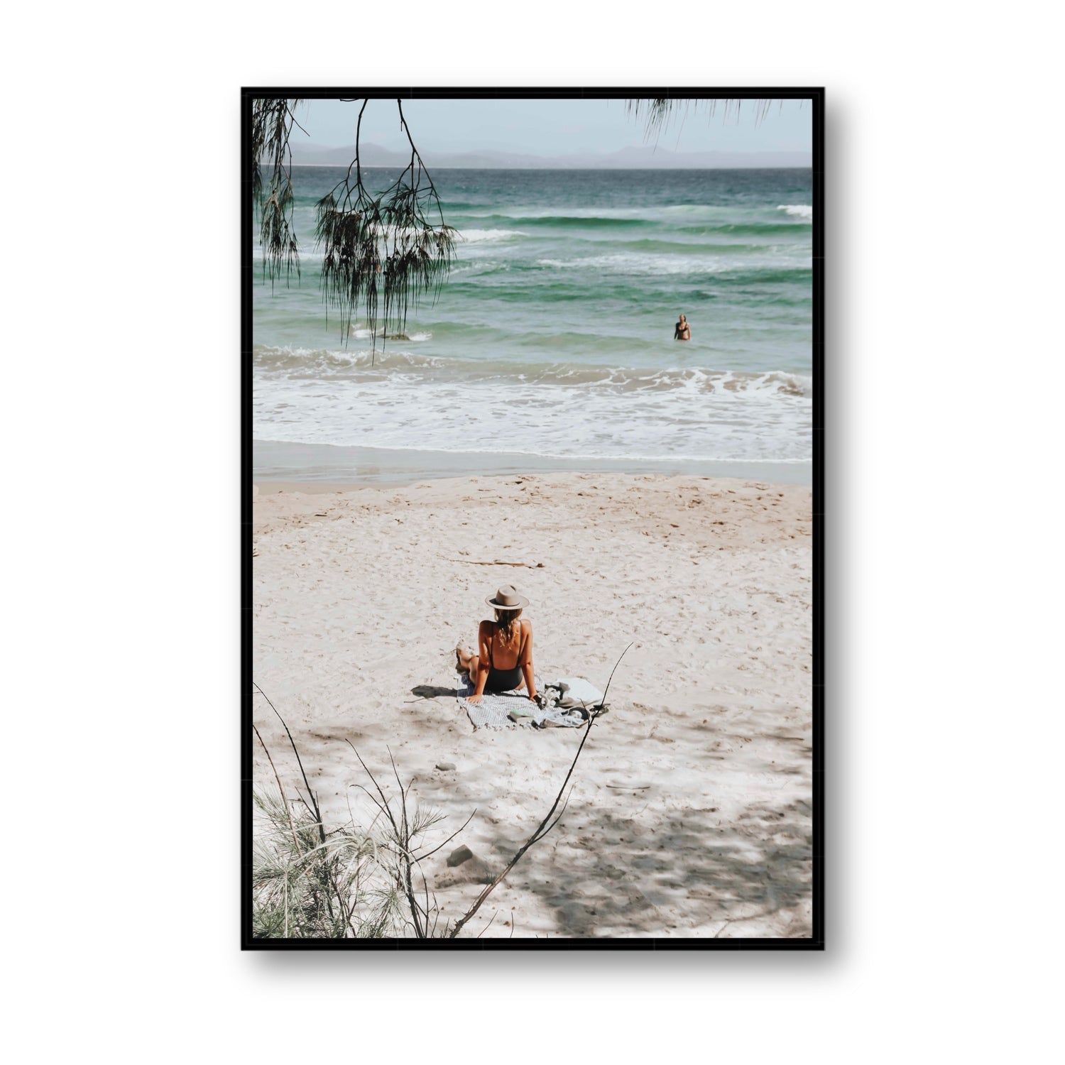 Take It Easy Byron Bay beach coastal decor wall art Statement fine art canvas in black float frame