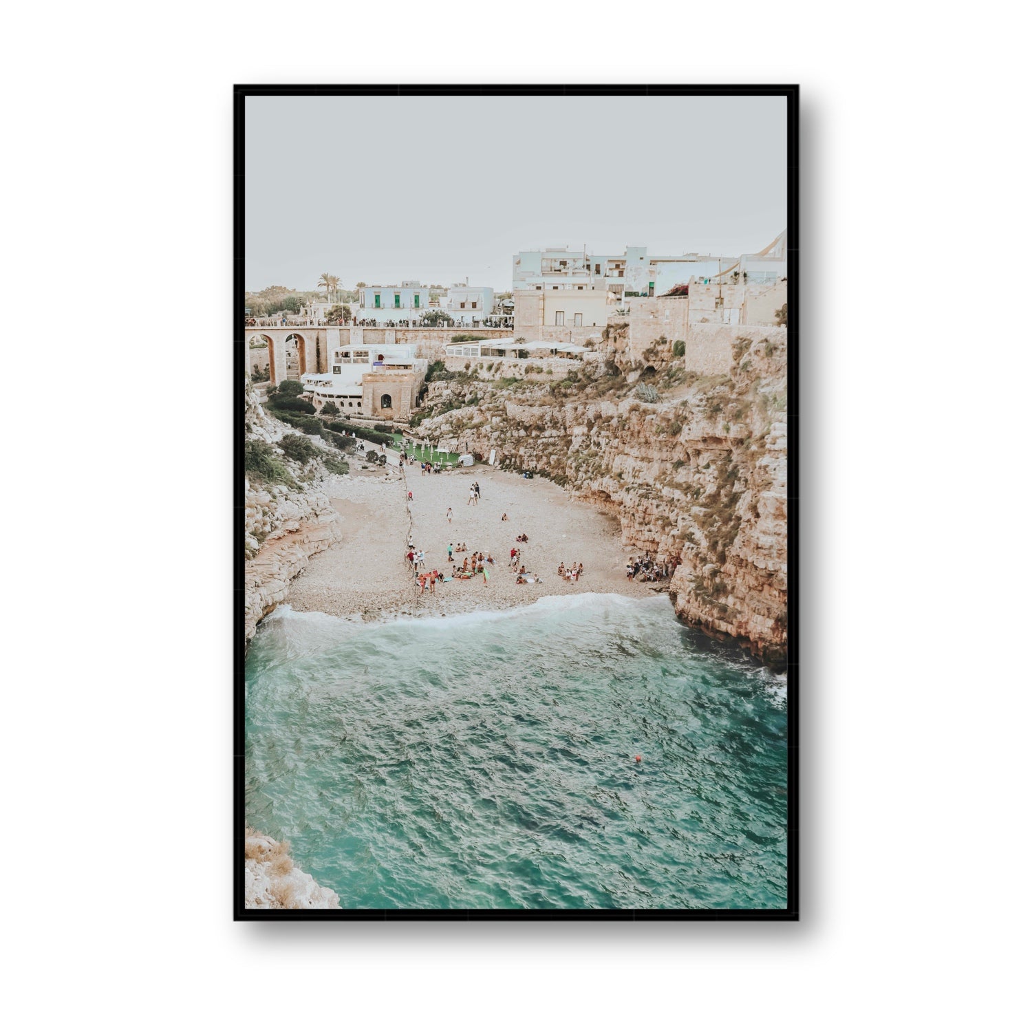 Polignano Vista Puglia coastal Italian beach fine art print Statement fine art canvas in black float frame