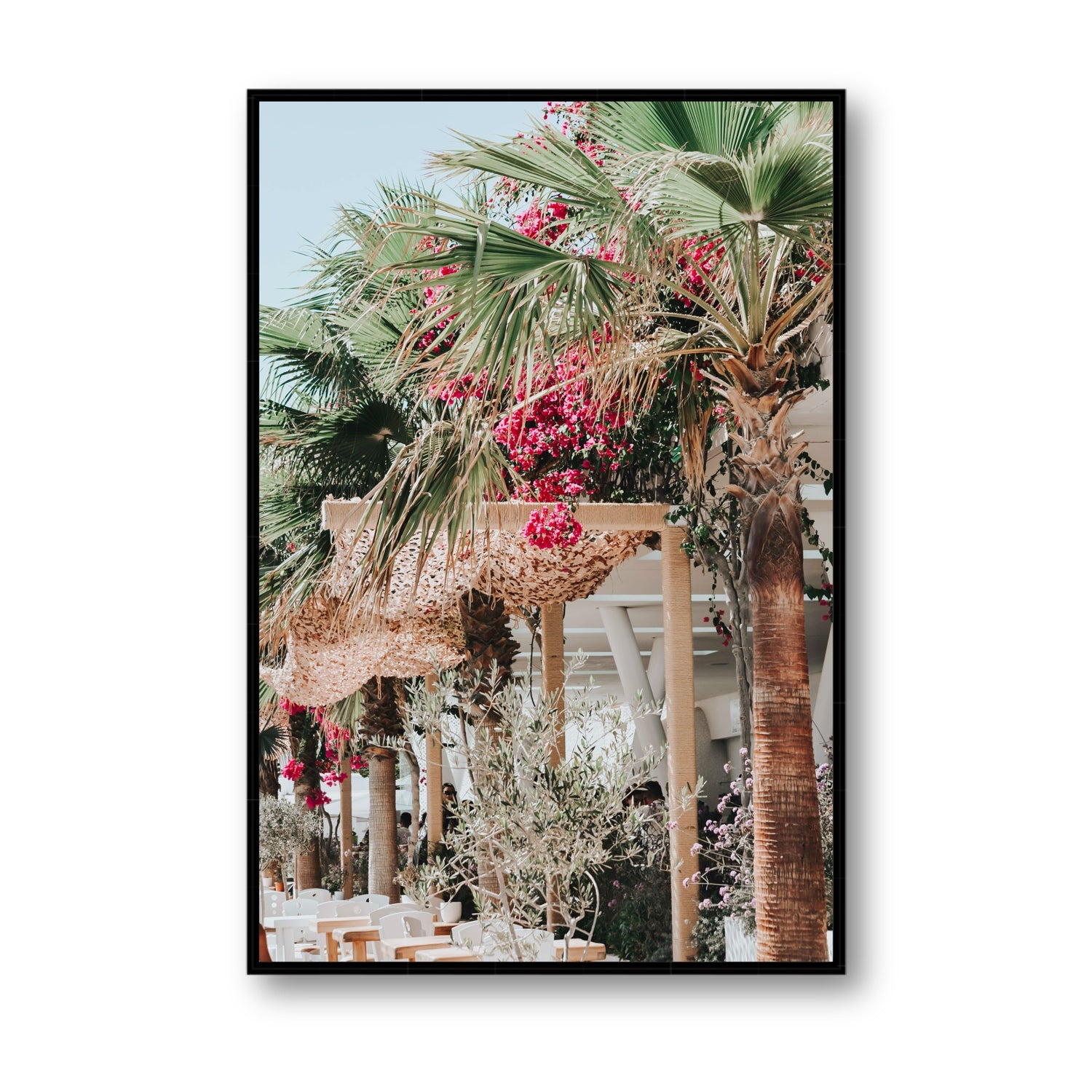 Palm Trees Mykonos Greek island wall art Statement fine art canvas in black float frame