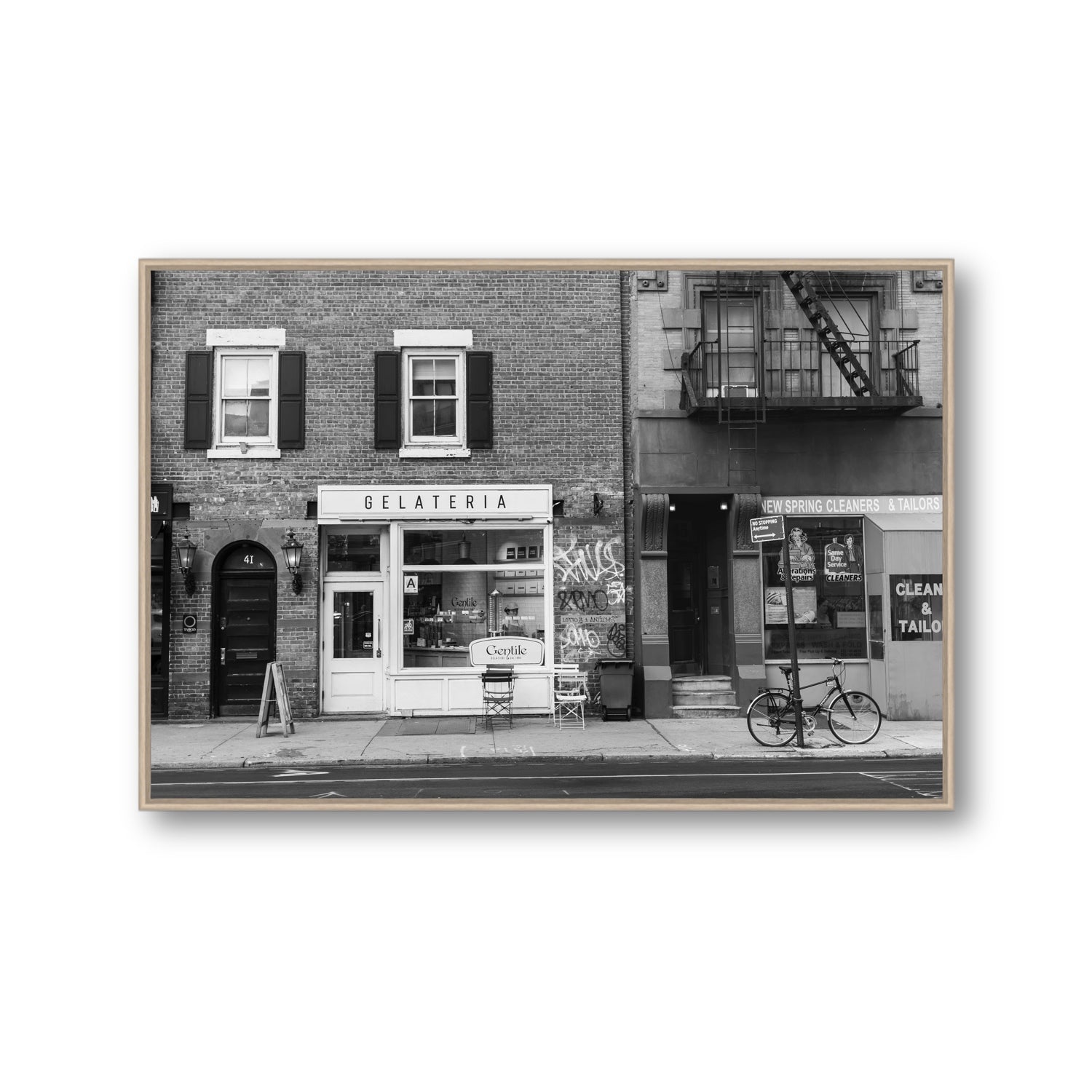 West Village Dolcezza New York NYC Black & White wall art Gallery fine art canvas in natural oak float frame