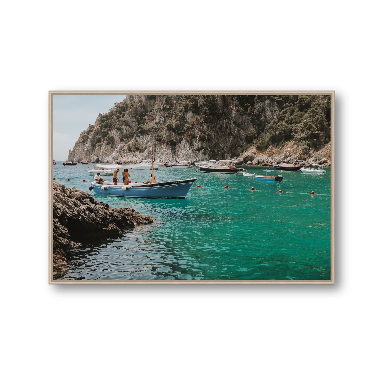 Cozy Cove Capri coastal Mediterranean wall art Gallery fine art canvas in natural oak float frame