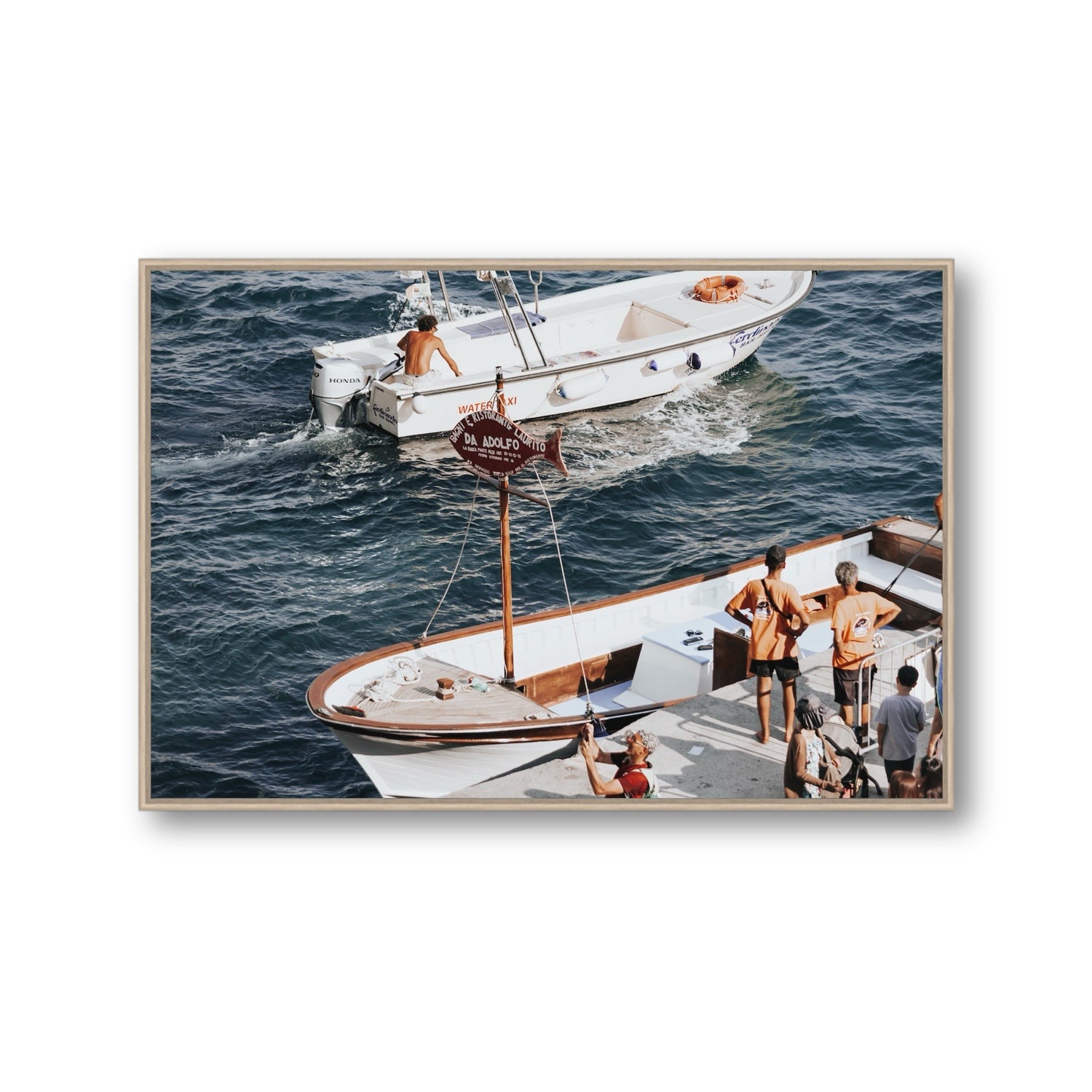 Water Taxi Positano wall art Gallery fine art canvas in natural oak float frame