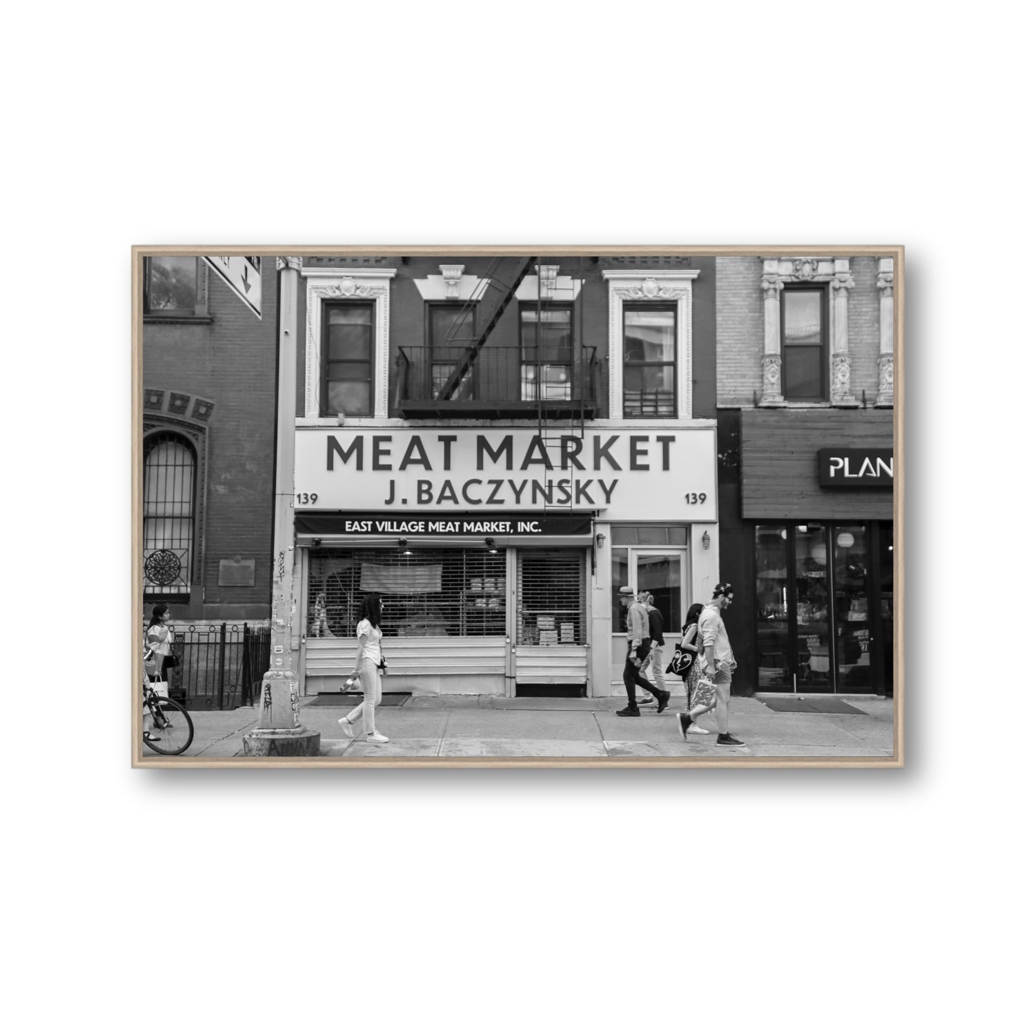 Meat District New York NYC Black & White wall art Gallery fine art canvas in natural oak float frame