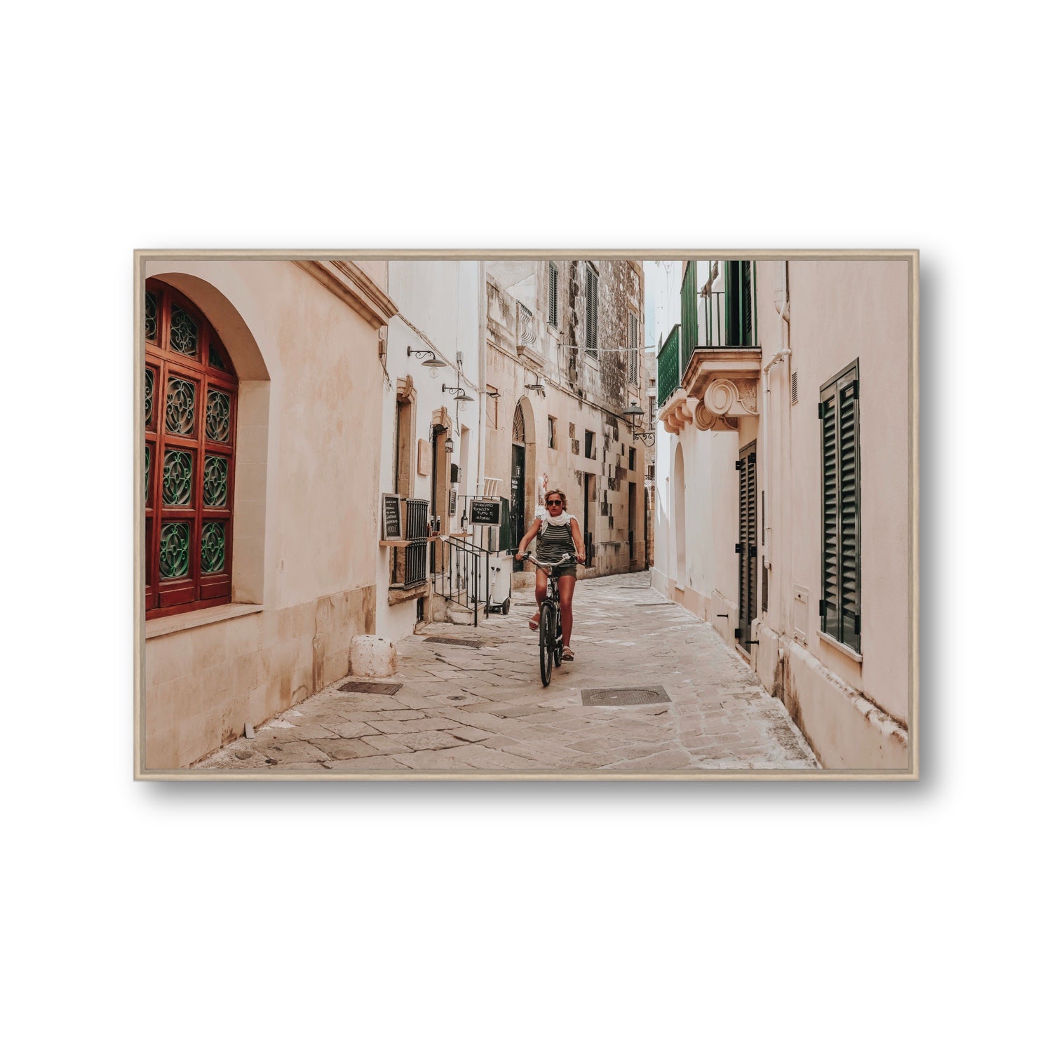 La Donna In Bicicletta Puglia Wall Italian fine art print Gallery fine art canvas in natural oak float frame