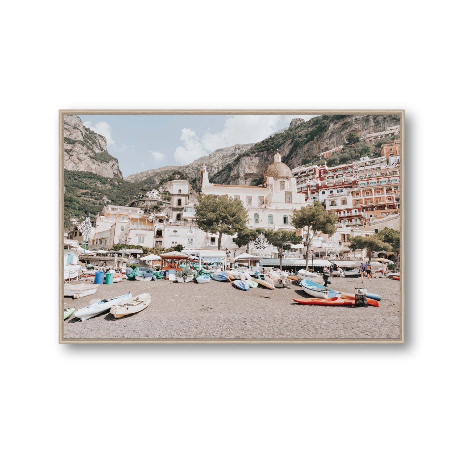 Pastel Paradise fine art print, Positano, Italy, Gallery, Natural Oak Float Frame, Fine Art Canvas