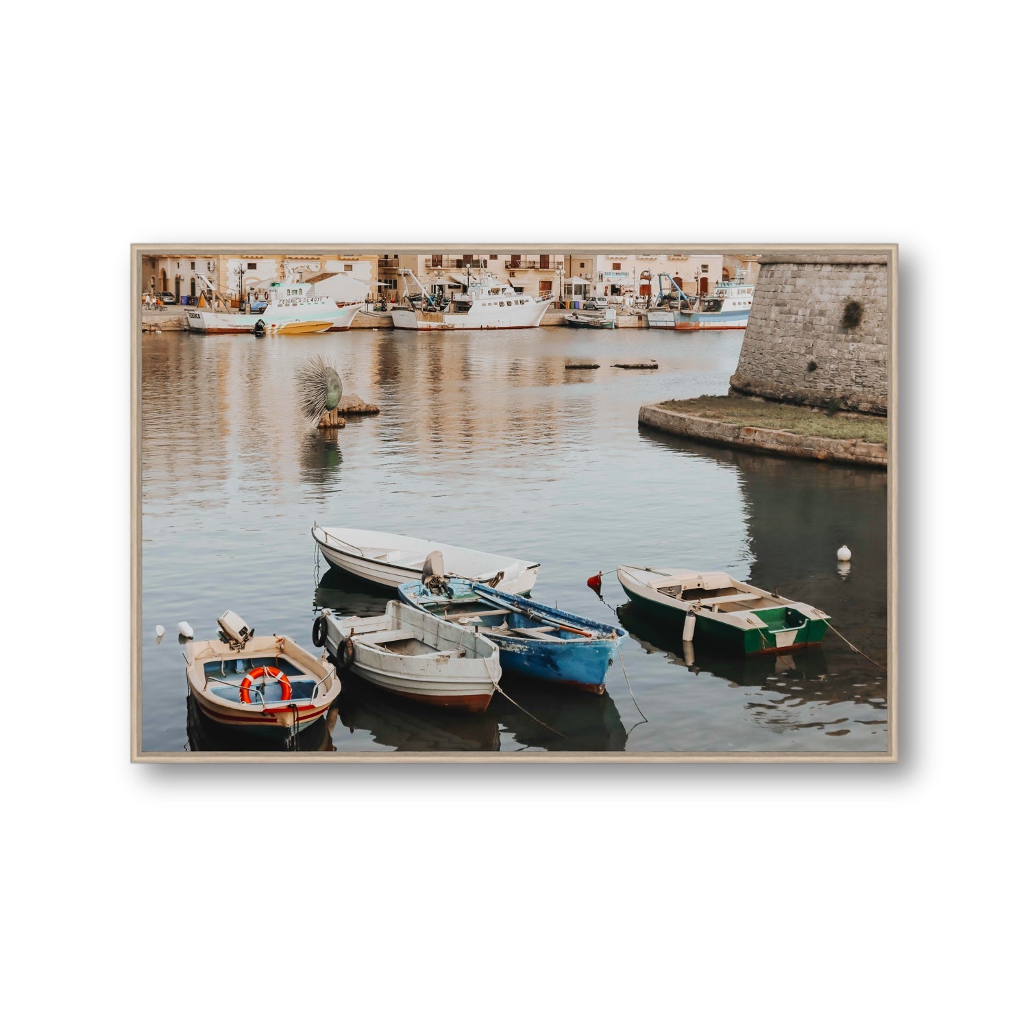 Cinque Barche Puglia Gallipoli Italian art print Gallery fine art canvas in natural oak float frame
