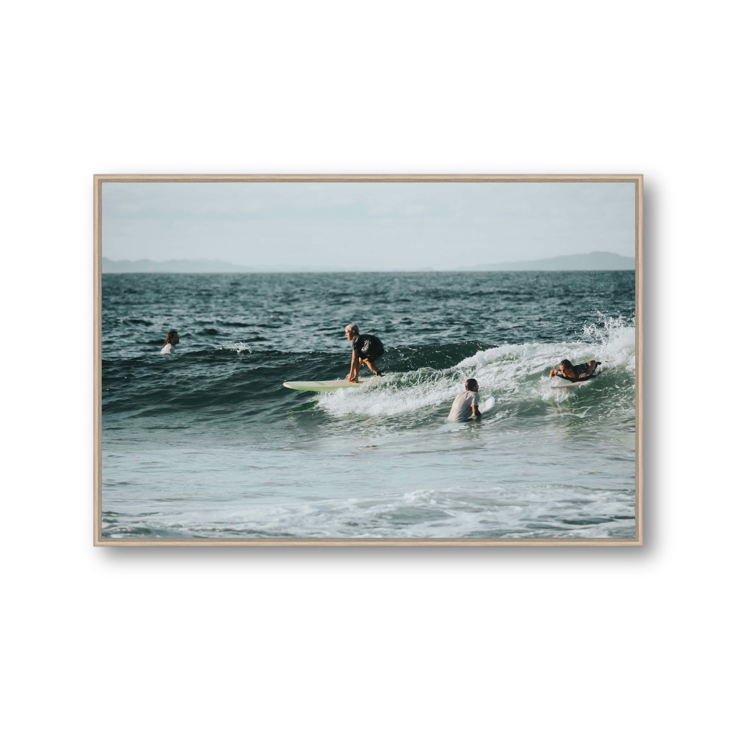 The Boys of Summer Byron Bay Surf coastal wall art Gallery fine art canvas in natural oak float frame