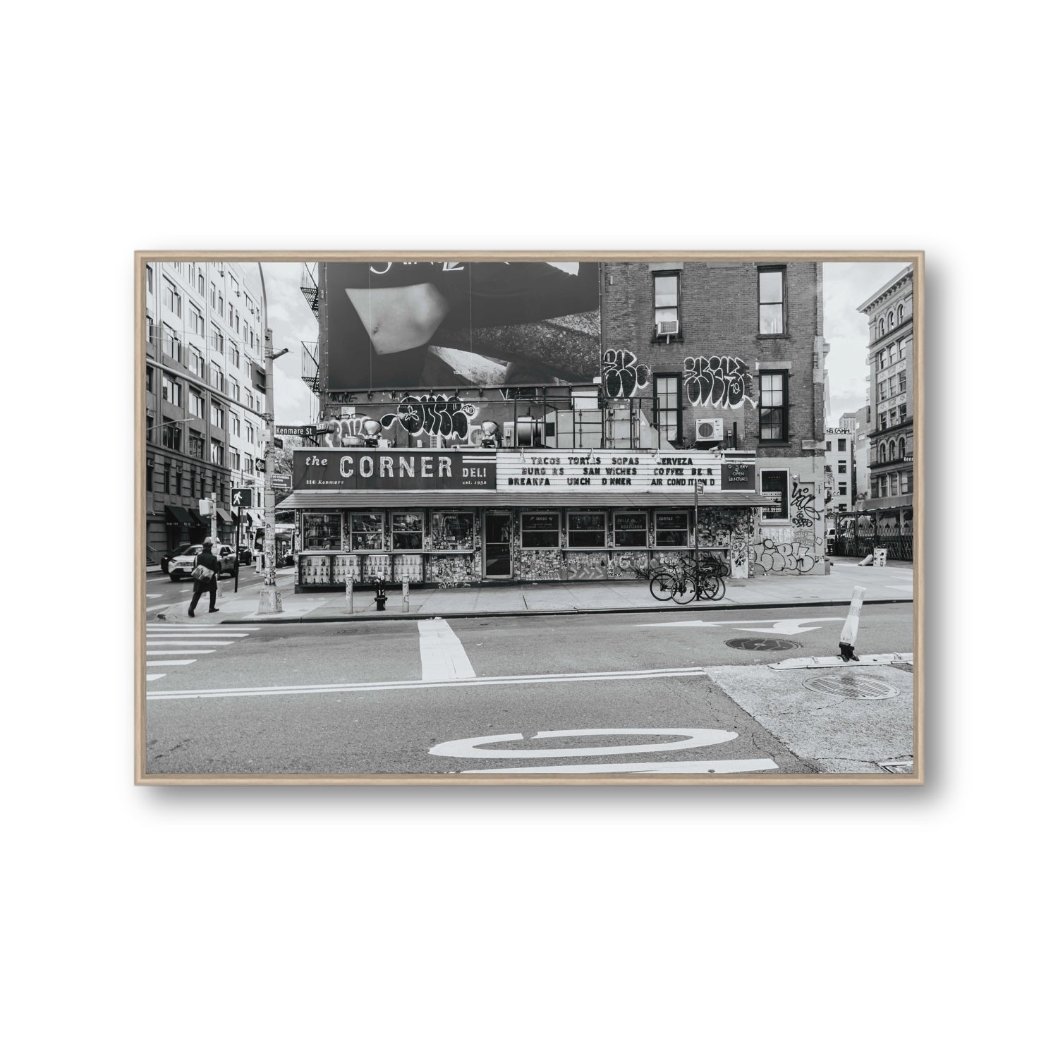 Kenmare Street New York NYC Black & White wall art Gallery fine art canvas in natural oak float frame