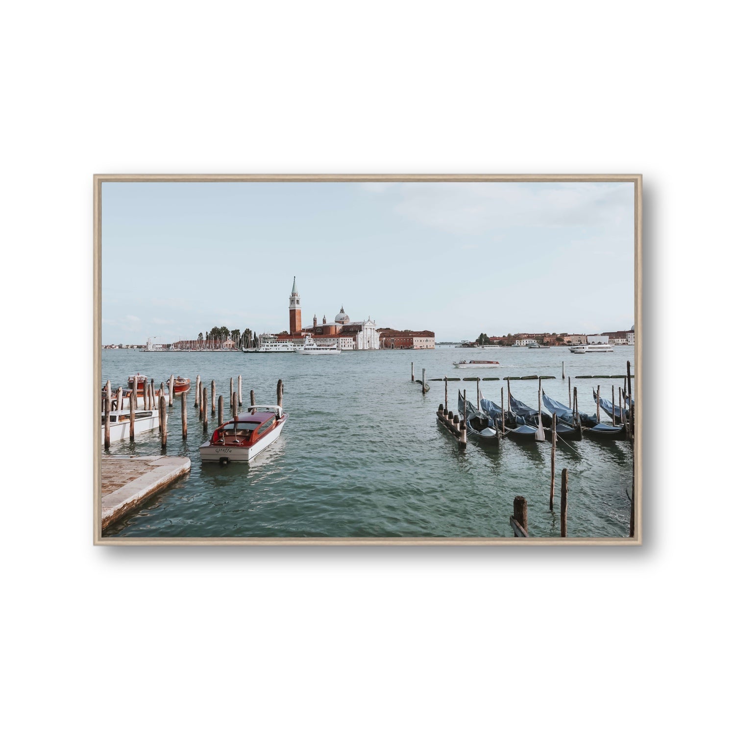 Venetian Waterscape Venice Italian art print Gallery fine art canvas in natural oak float frame