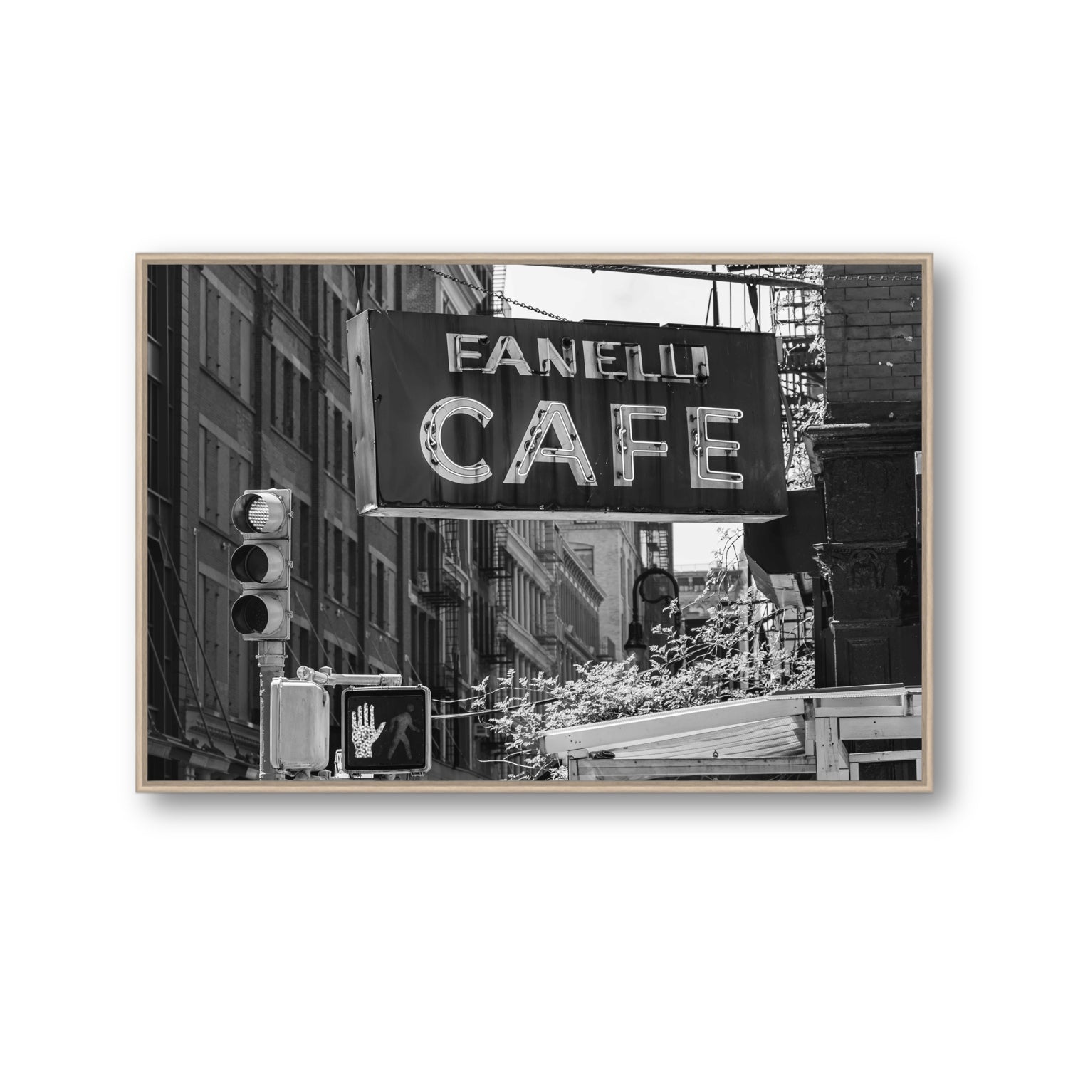 Soho Neon New York NYC Black & White wall art Gallery fine art canvas in natural oak float frame