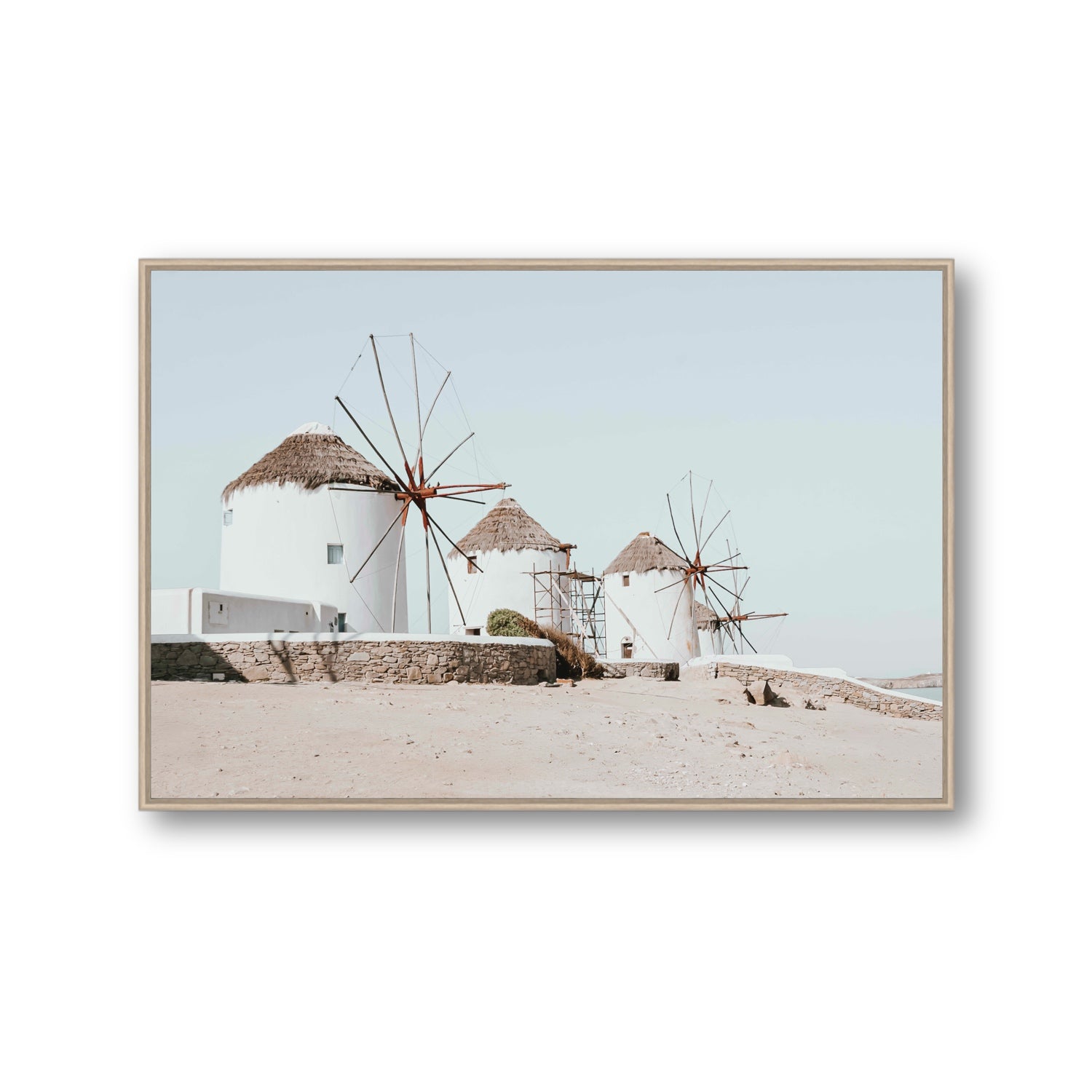 Rustic Icons Mykonos Greek island wall art Gallery fine art canvas in natural oak float frame