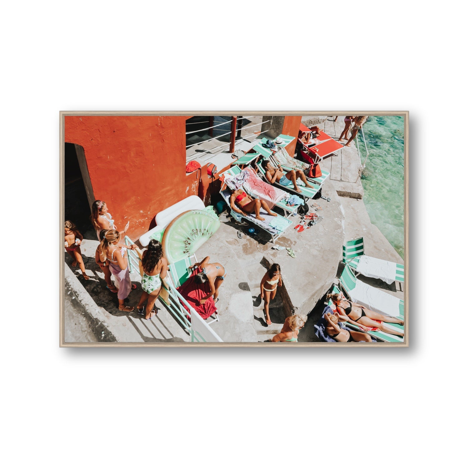 Italianita Capri beach Mediterranean wall art Gallery fine art canvas in natural oak float frame