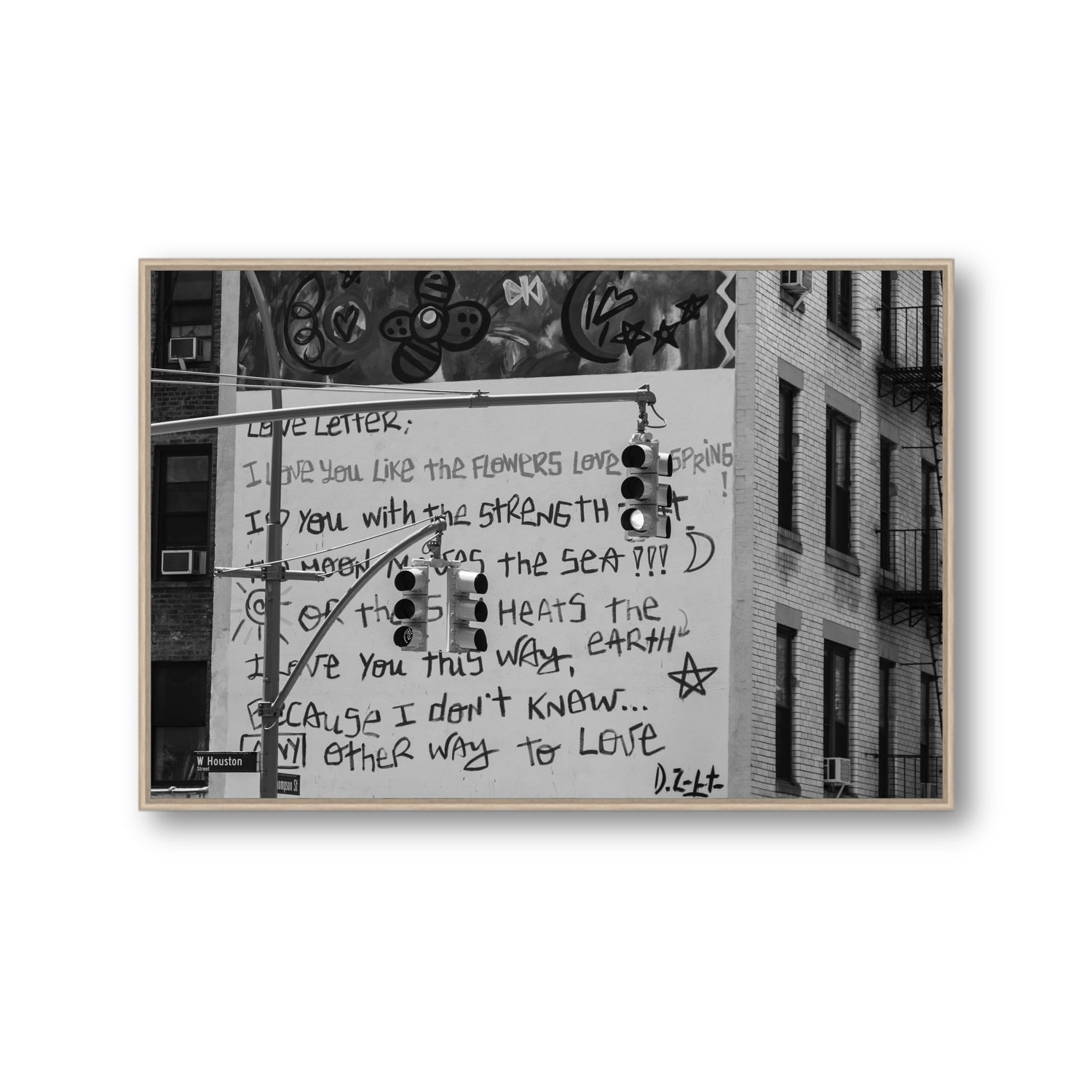 Love Letter New York NYC Black & White wall art Gallery fine art canvas in natural oak float frame