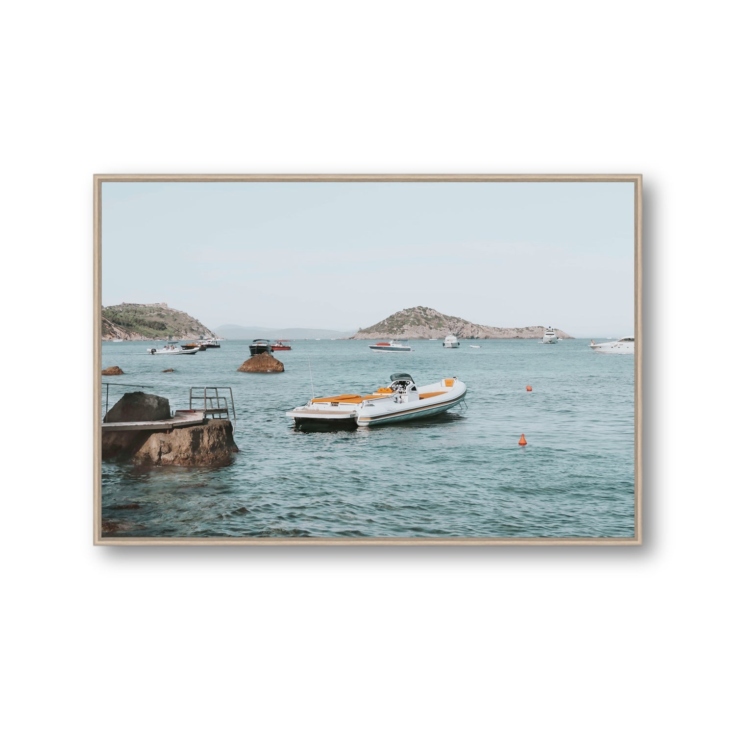 The Azure Sea Tuscany coastal Italian wall art Gallery fine art canvas in natural oak float frame