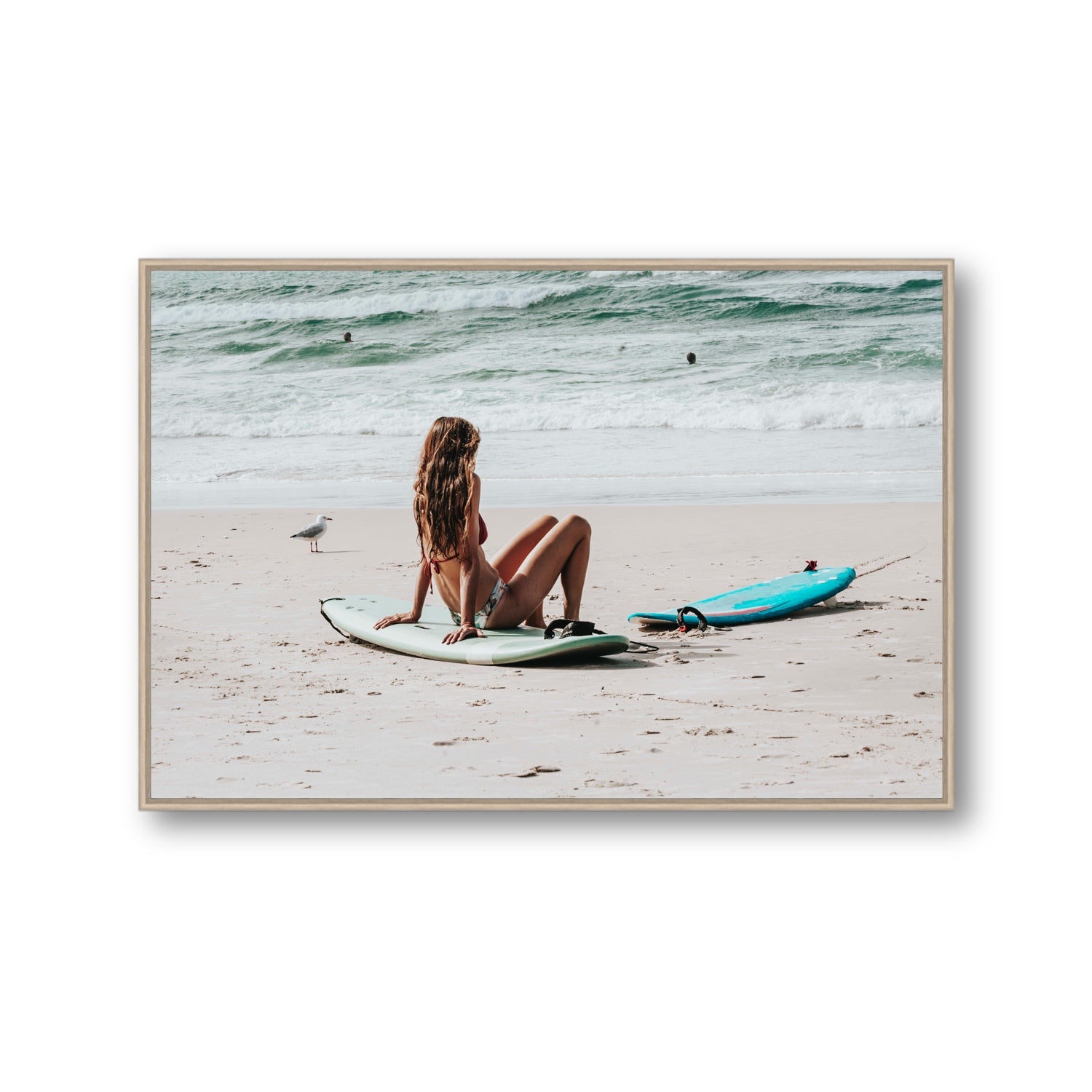 Ciao Bella Byron Bay Surf coastal wall art Gallery fine art canvas in natural oak float frame