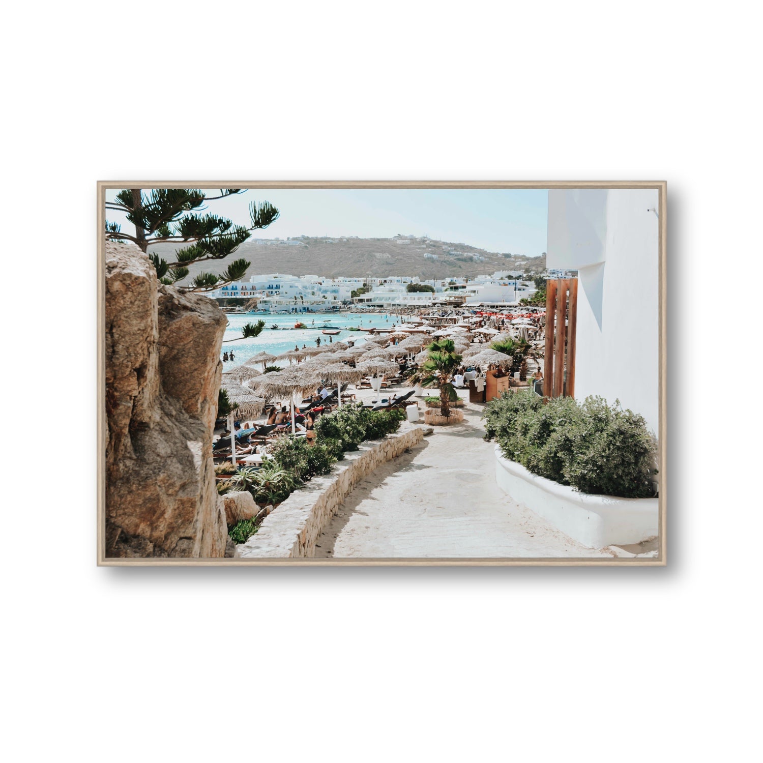 Kalimera Mykonos Greek island wall art Gallery fine art canvas in natural oak float frame