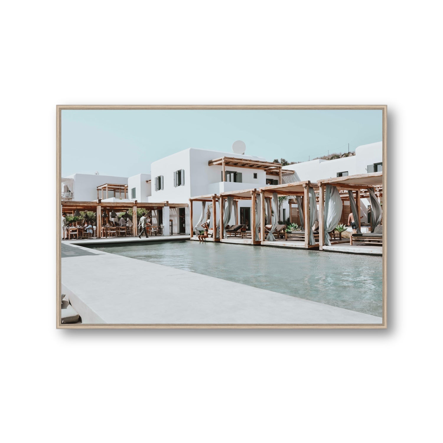 Polytelís Mykonos Greek island wall art Gallery fine art canvas in natural oak float frame