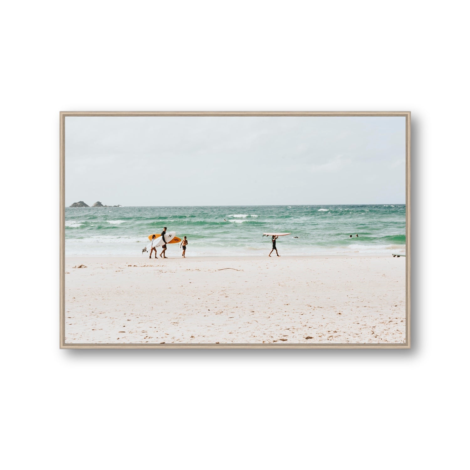 La Famiglia Byron Bay Family Surf coastal wall art Gallery fine art canvas in natural oak float frame