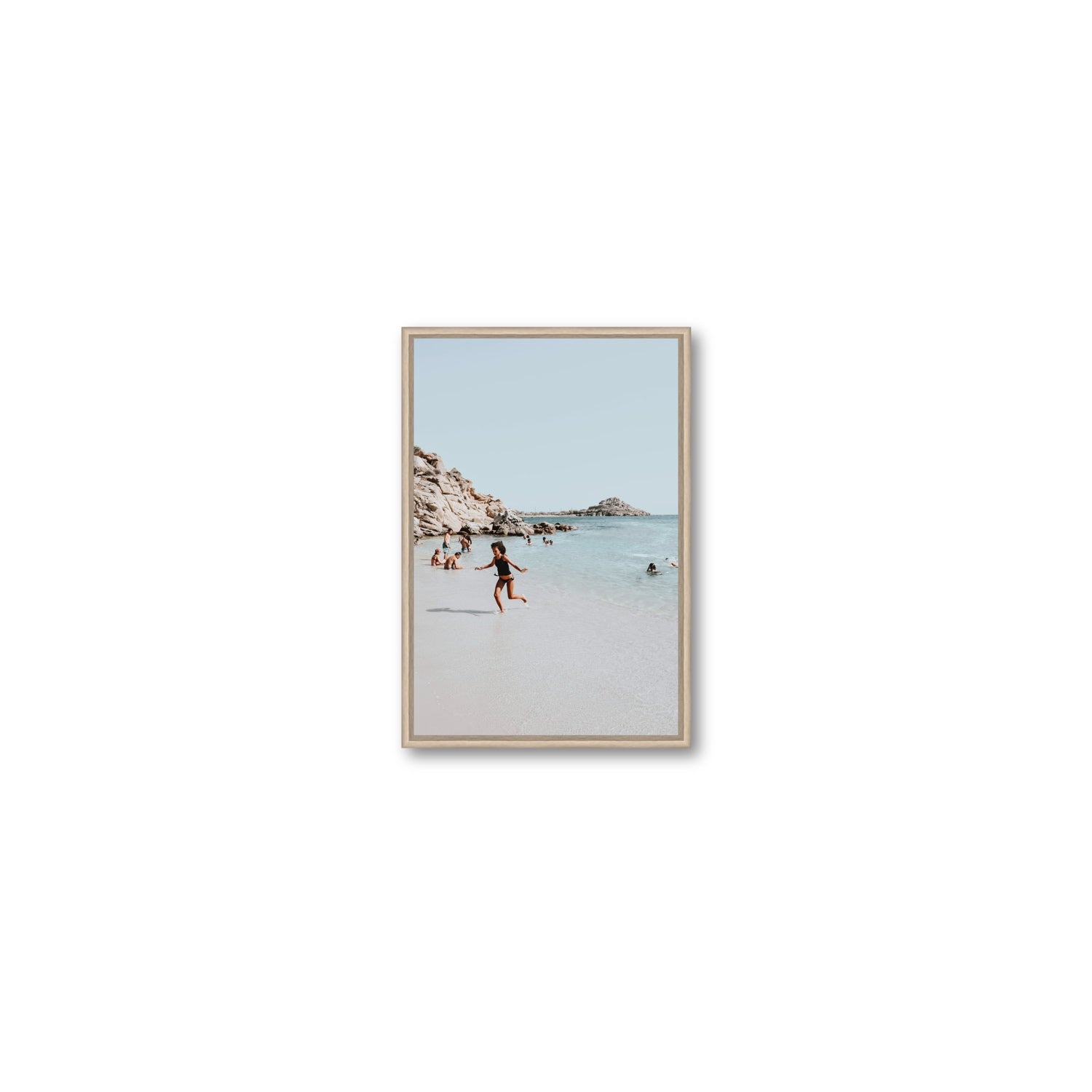 Skipping Angel Mykonos Greek island decor wall art Small fine art canvas in natural oak float frame