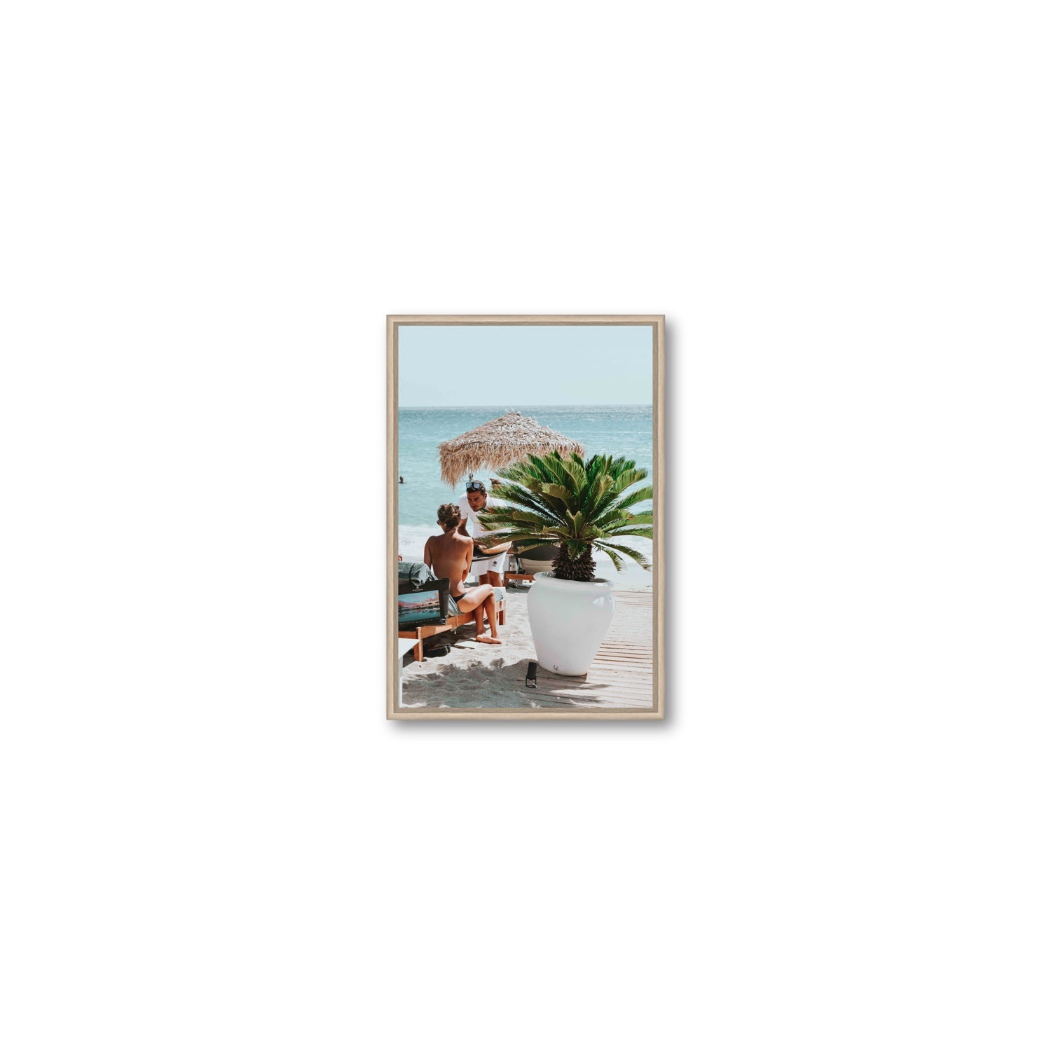 At Your Service Mykonos Greek island wall art Small fine art canvas in natural oak float frame