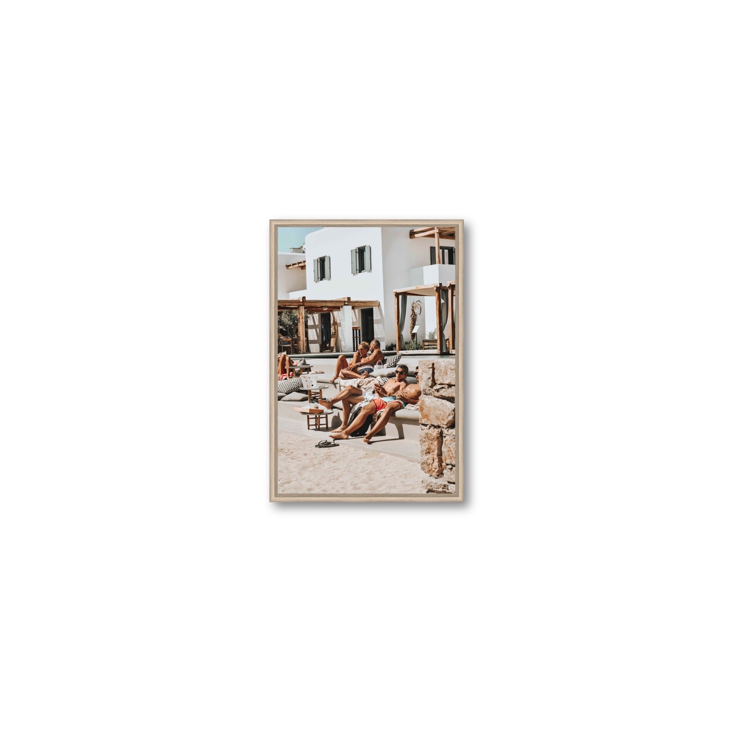 Style That Sizzles Mykonos Greek island wall art Small fine art canvas in natural oak float frame