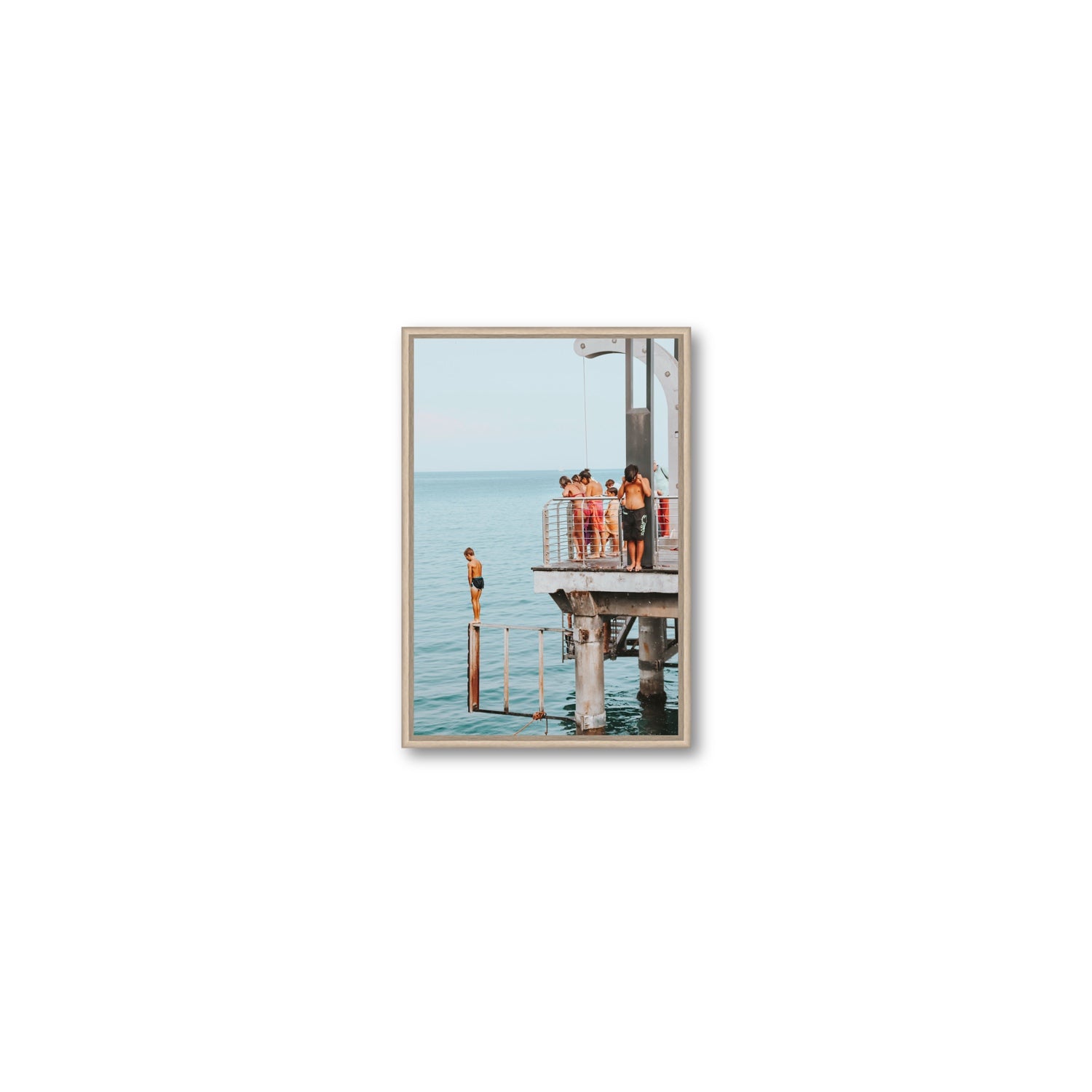Golden Boy Alassio coastal decor wall art Small fine art canvas in natural oak float frame