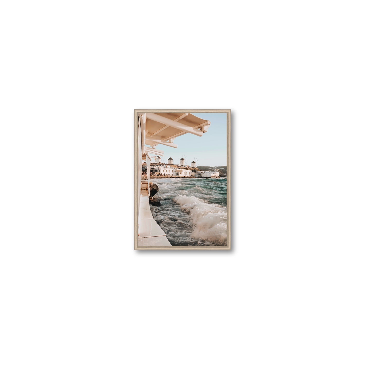 Windmills Mykonos Greek island wall art Small fine art canvas in natural oak float frame