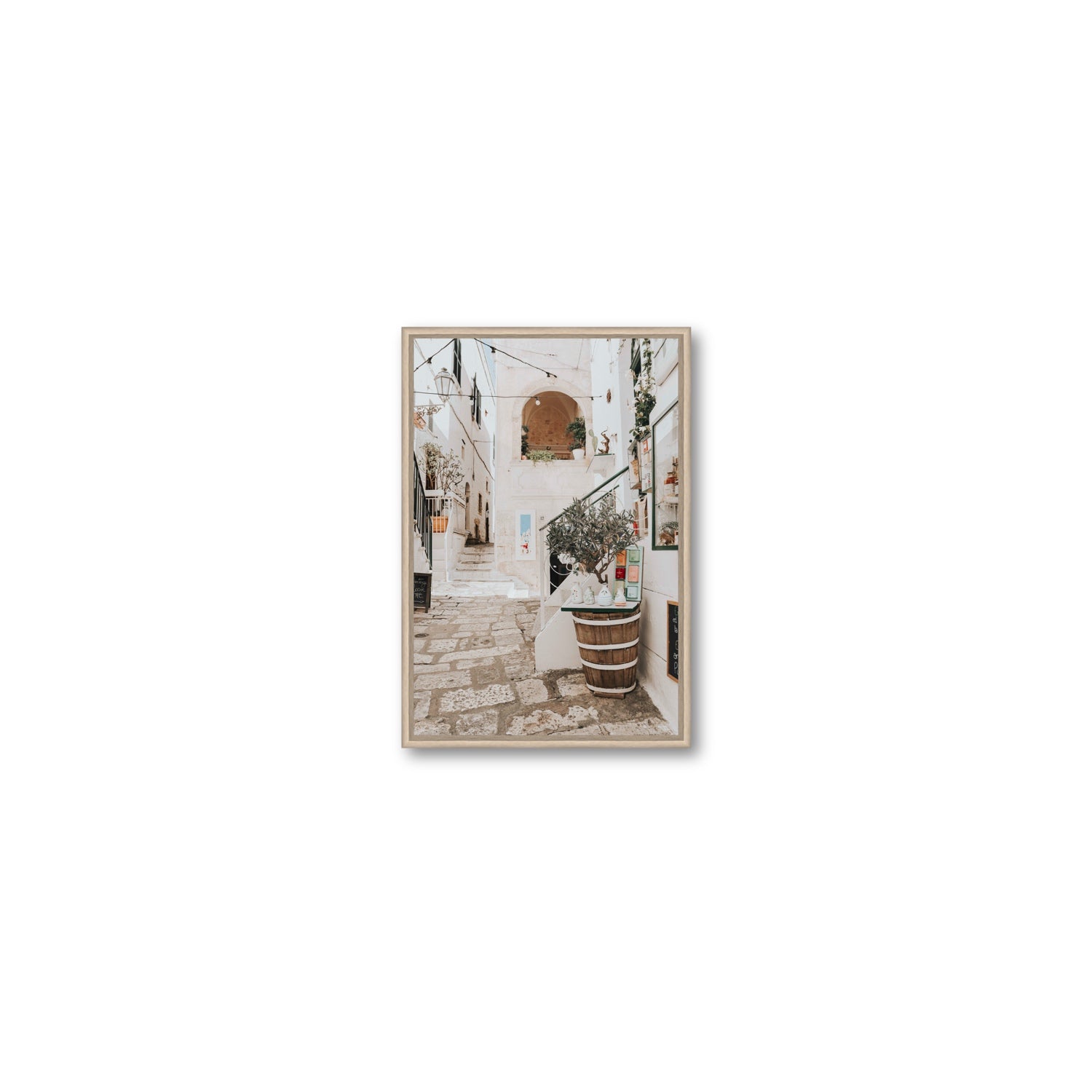 Olive Tree Lane Puglia Ostuni Mediterranean decor wall art Small fine art canvas in natural oak float frame