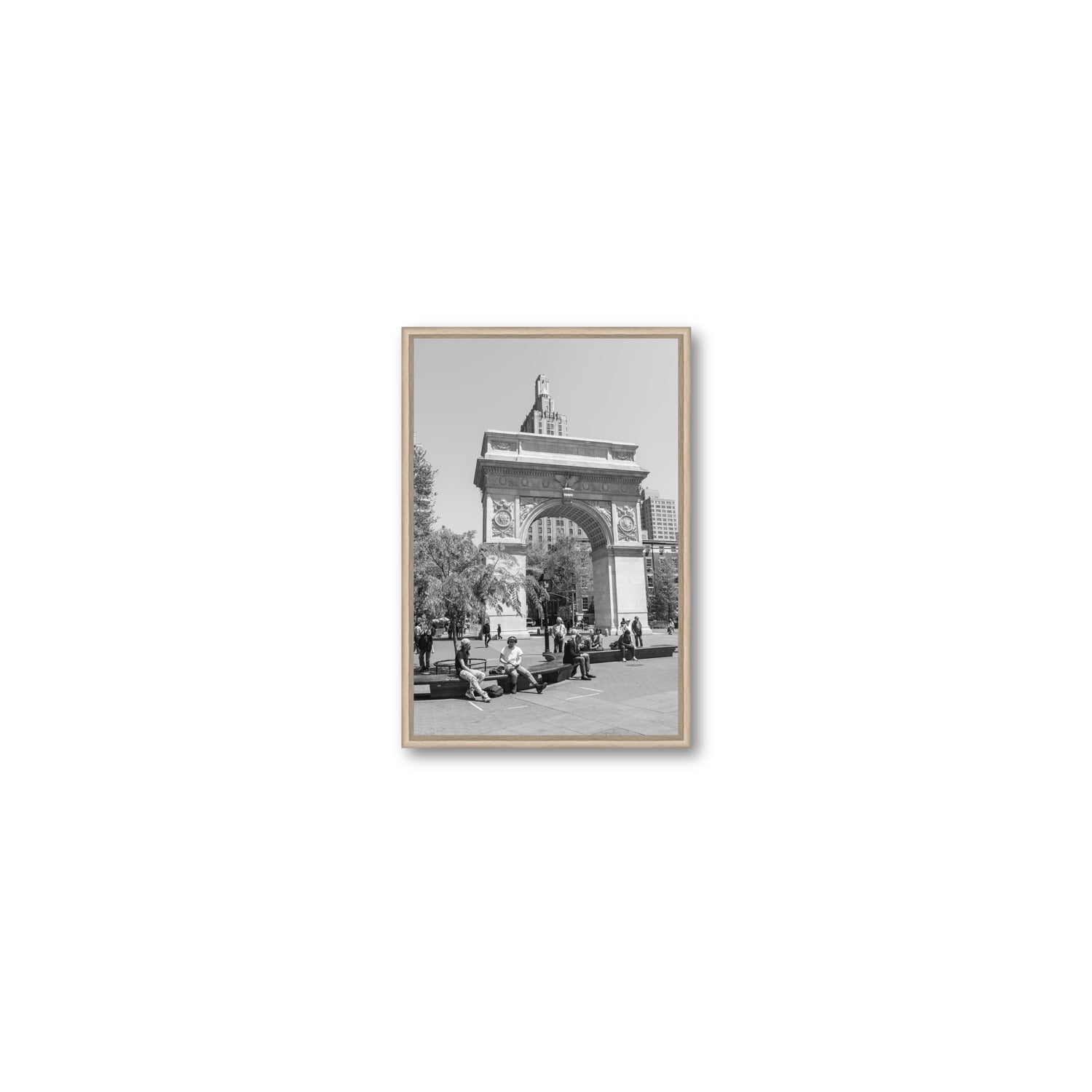 City Picnic New York NYC Black & White wall art Small fine art canvas in natural oak float frame