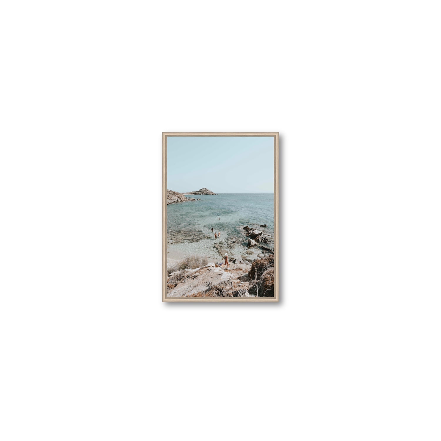 Explorers Mykonos Greek island wall art Small fine art canvas in natural oak float frame