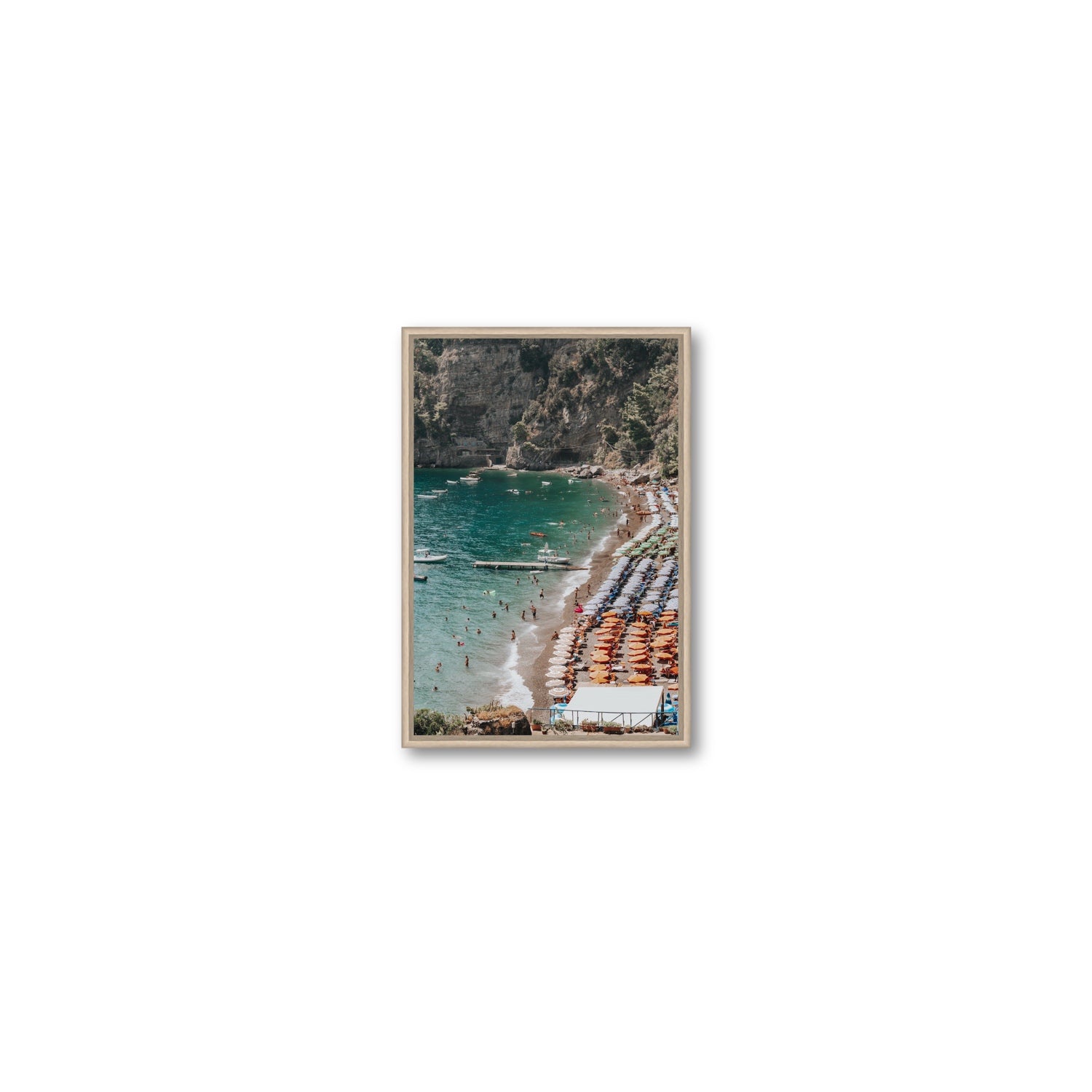 Parasol Panorama fine art print, Positano, Italy, Small, Natural Oak Float Frame, Fine Art Canvas