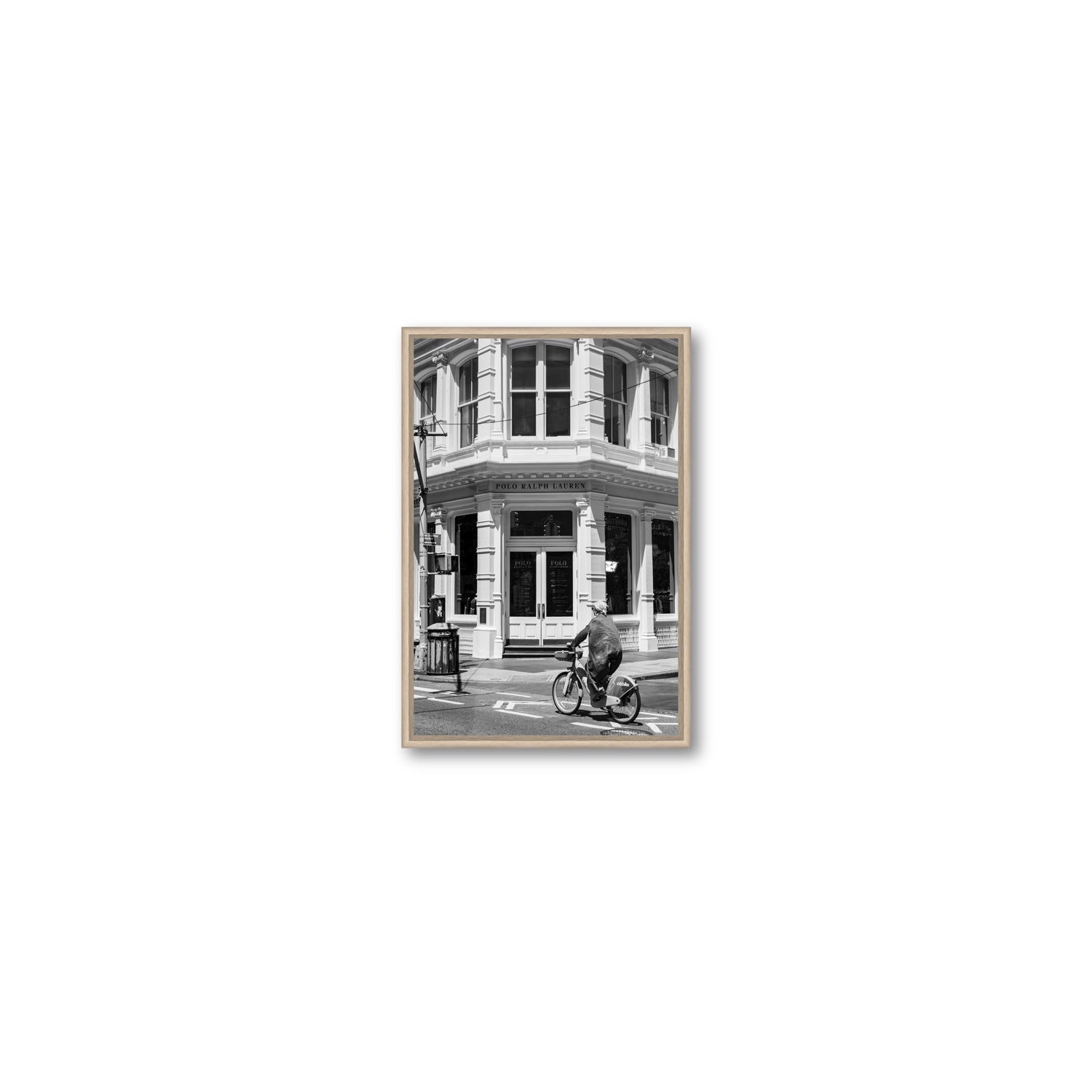 Downtown Rider New York NYC Black & White wall art Small fine art canvas in natural oak float frame