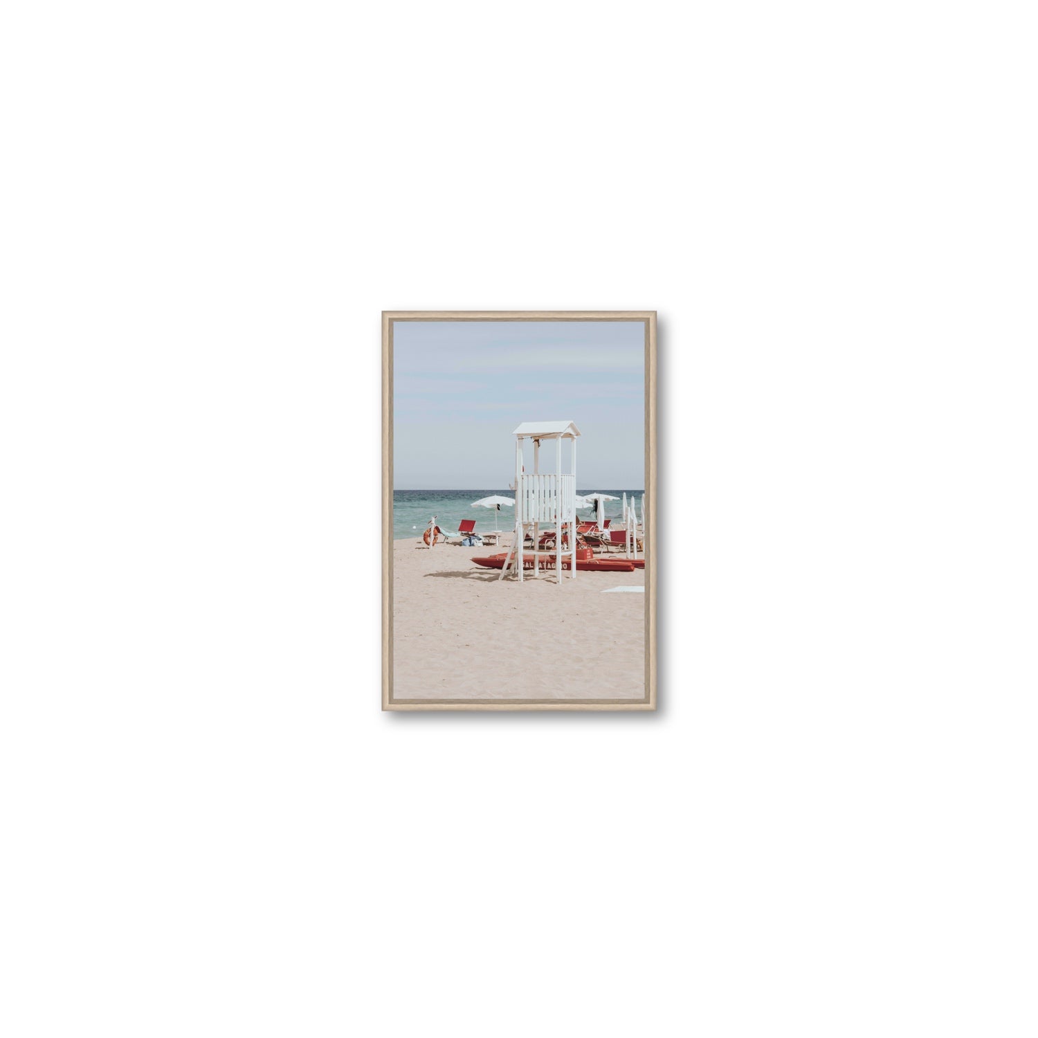 Barefoot Bliss Puglia beach Italian coastal decor wall art Small fine art canvas in natural oak float frame