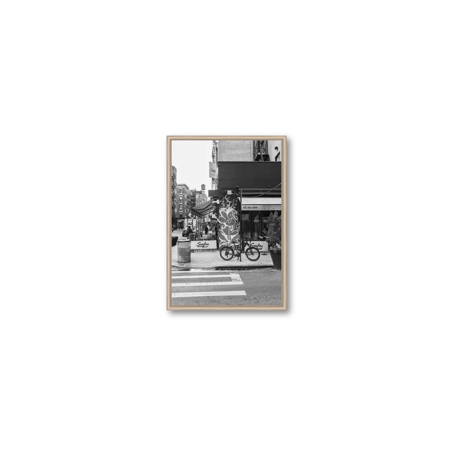 Cafe Canvas New York NYC Black & White wall art Small fine art canvas in natural oak float frame