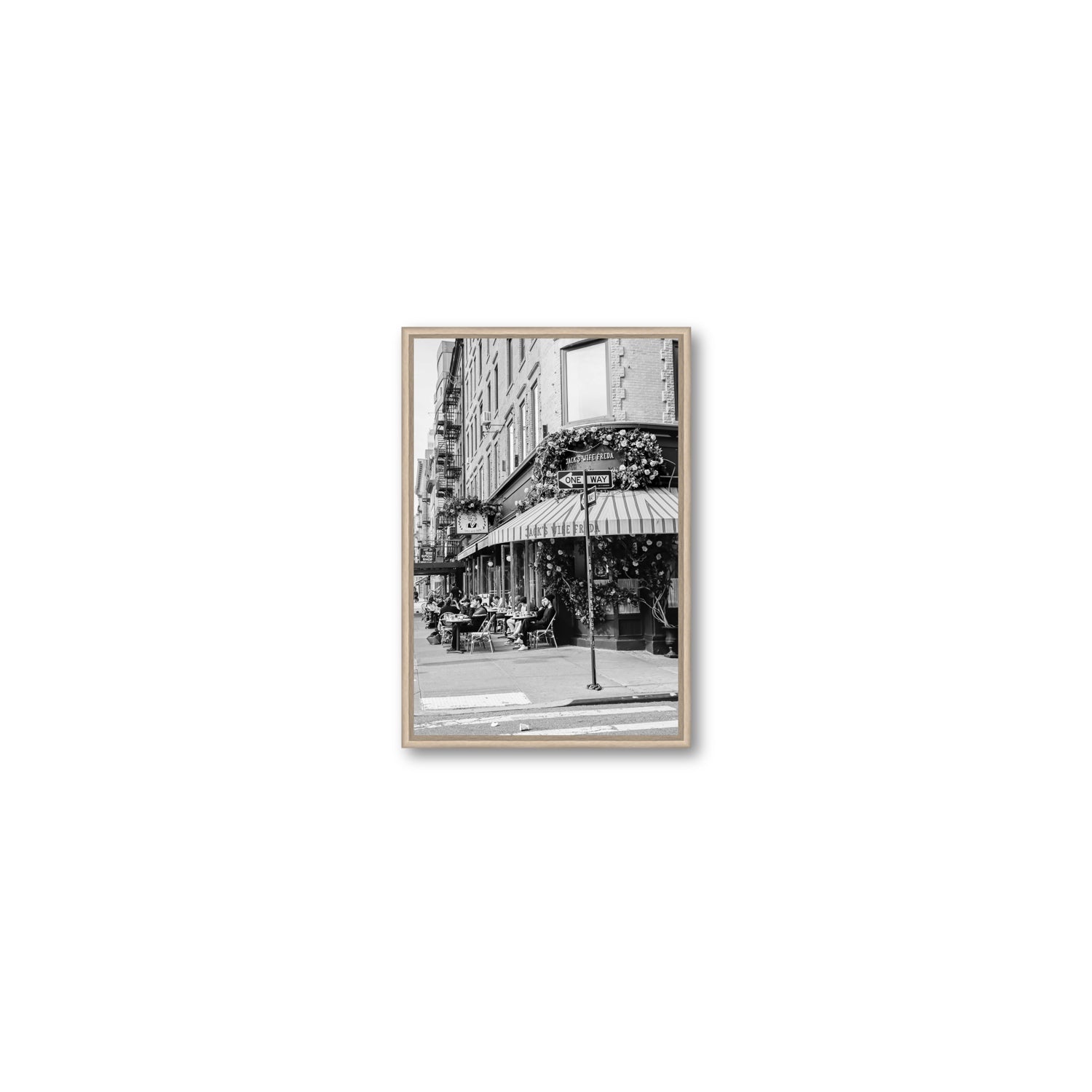Freda's Feast New York NYC Black & White wall art Small fine art canvas in natural oak float frame