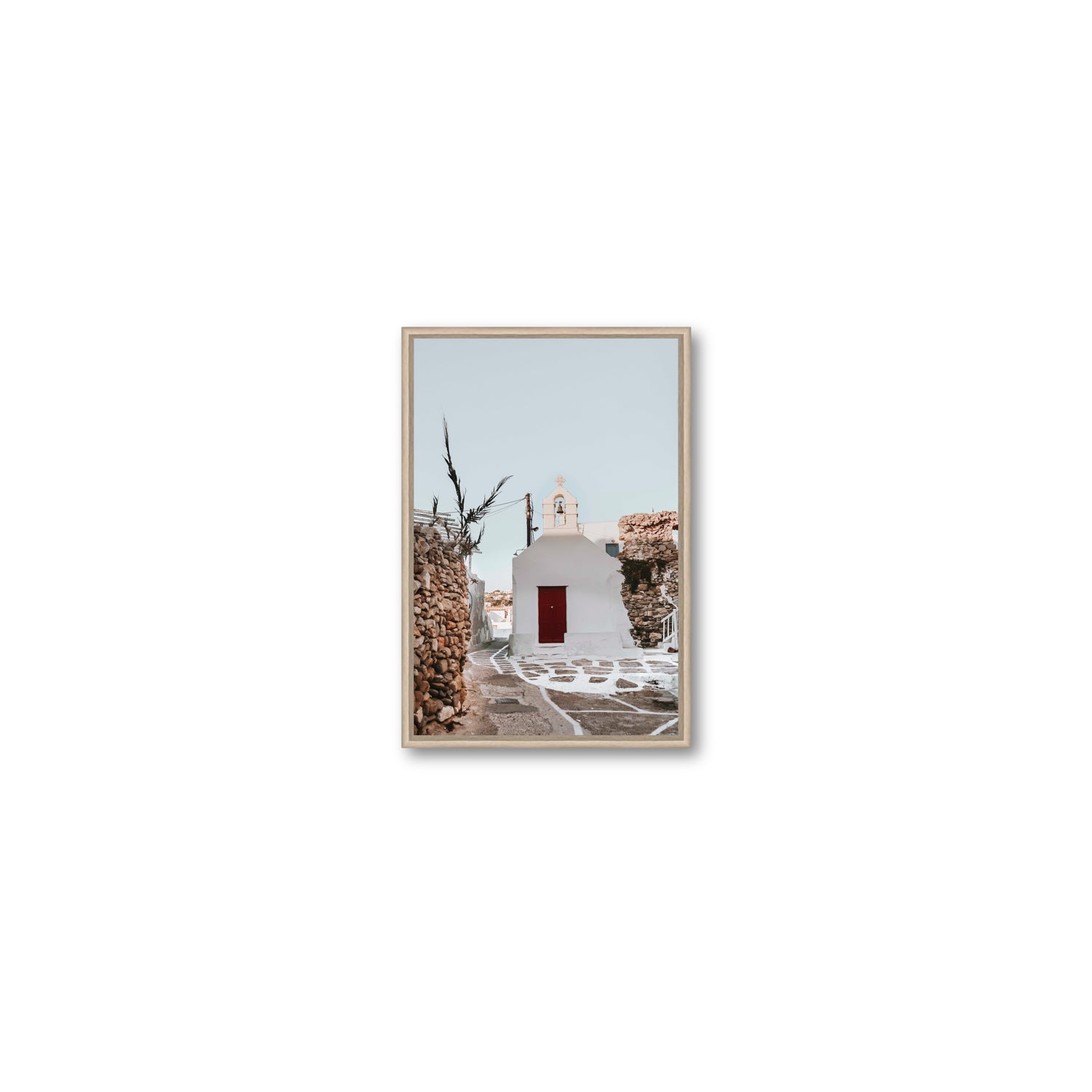 Little Chapel Mykonos Greek island wall art Small fine art canvas in natural oak float frame