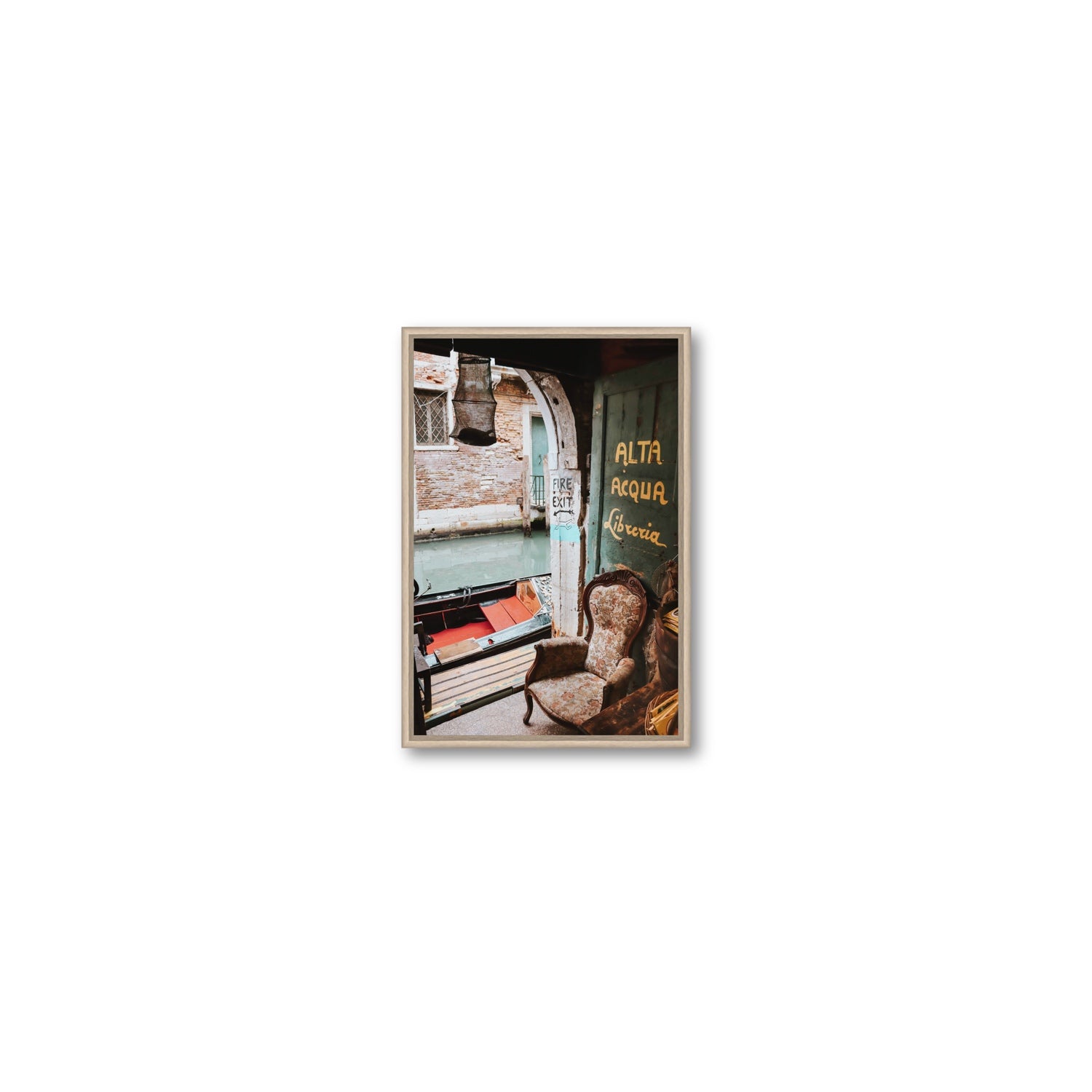 Alta Acqua Venice Bookstore wall art Small fine art canvas in natural oak float frame