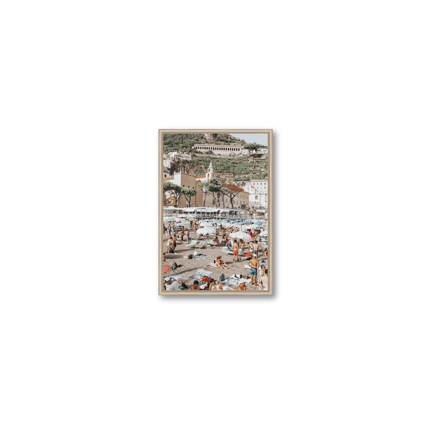 Festa In Spiaggia Amalfi coastal wall art Small fine art canvas in natural oak float frame