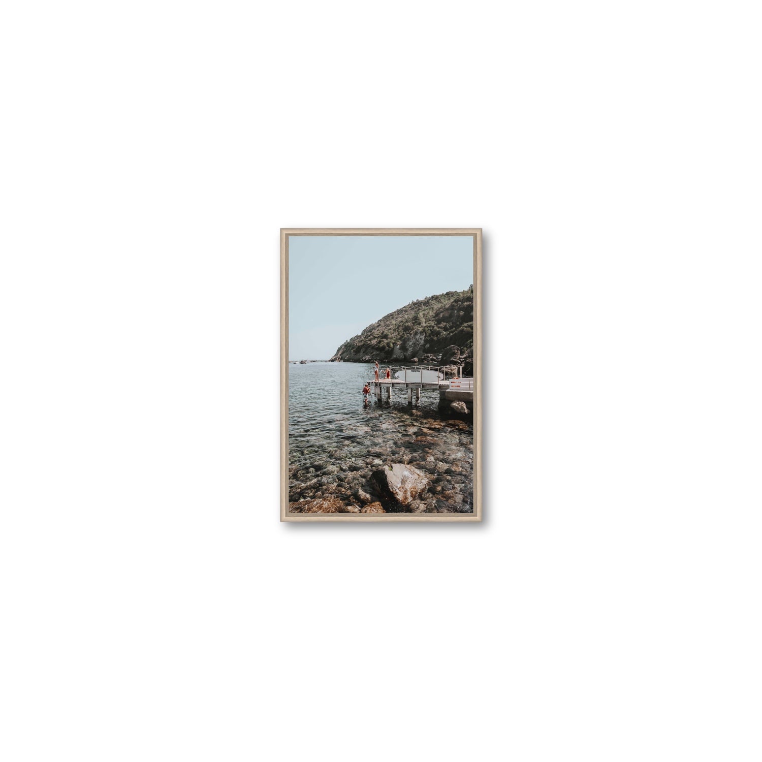 Tidal Explorers Tuscany coastal Italian wall art Small fine art canvas in natural oak float frame