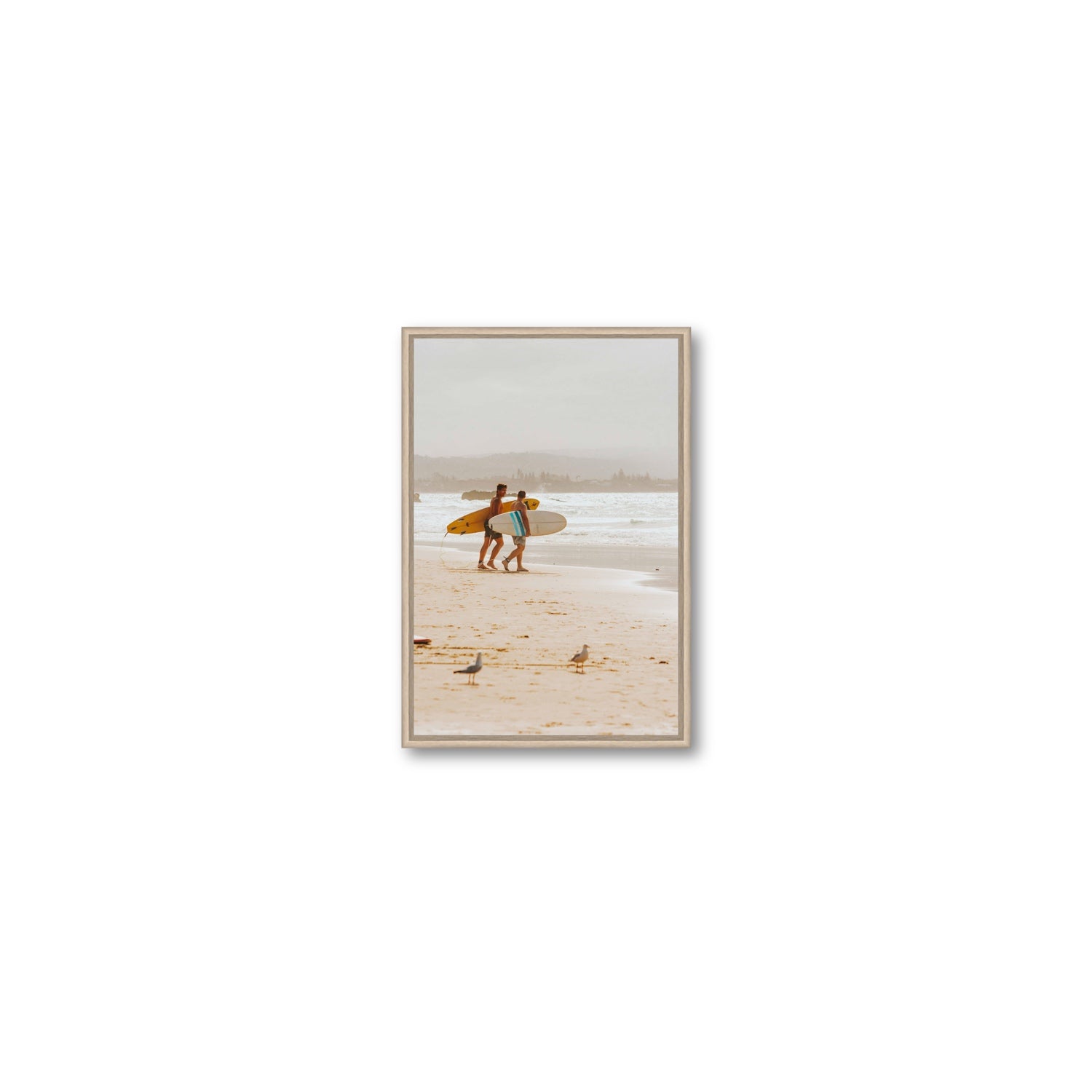 Shane & Benji Byron Bay Surf coastal wall art Small fine art canvas in natural oak float frame