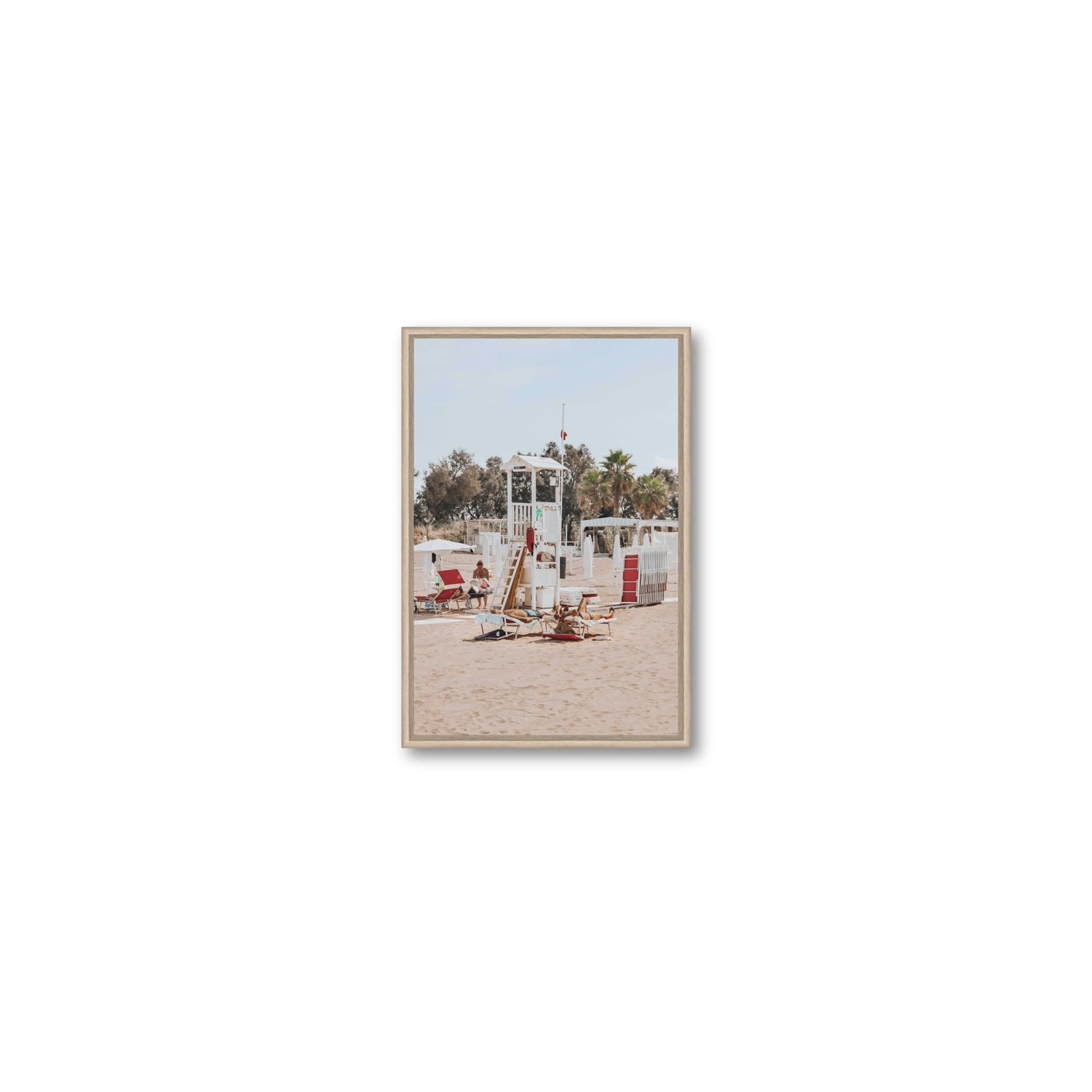 Red Lounge Reverie Puglia beach coastal wall art Small fine art canvas in natural oak float frame