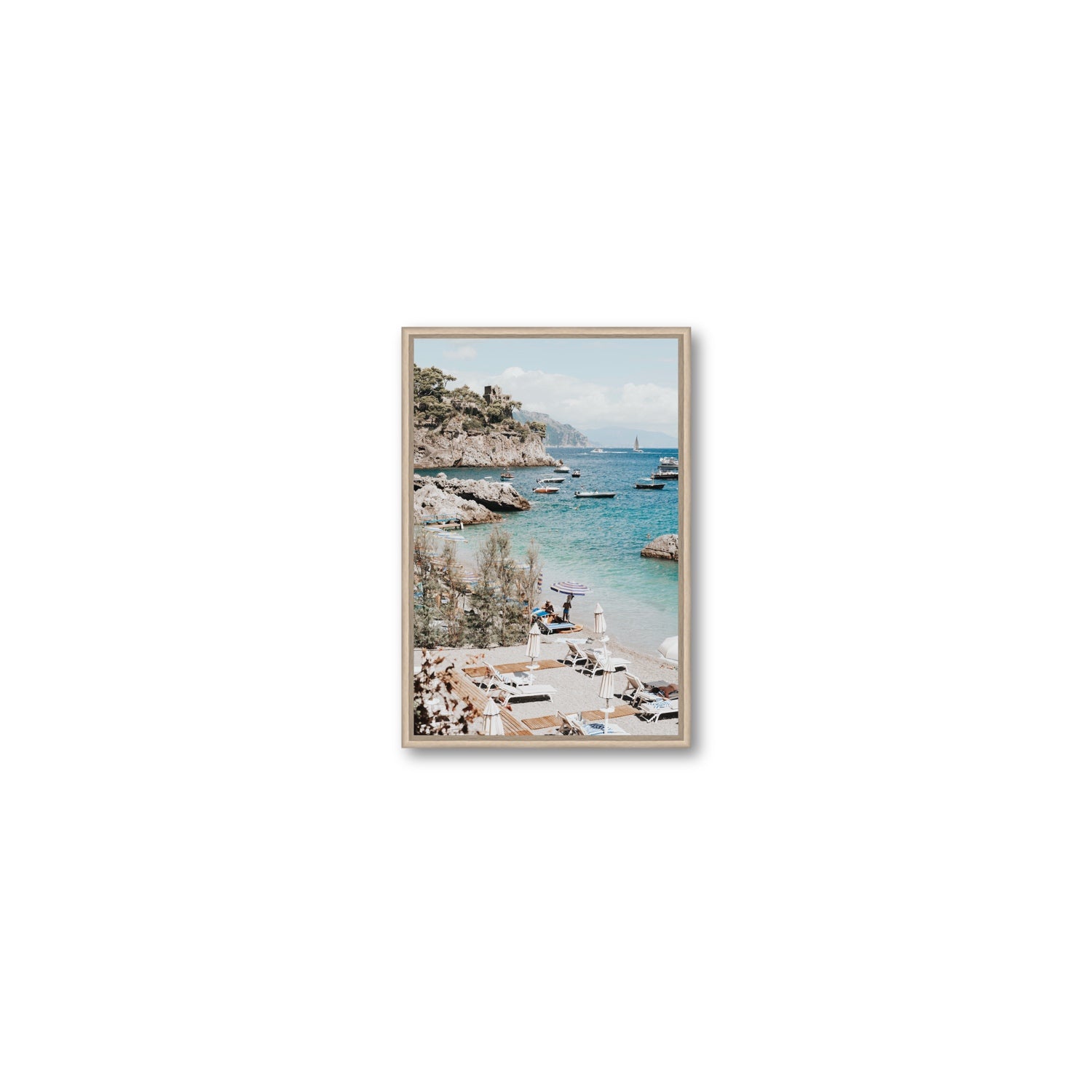 Sizzling Summer Days Amalfi coastal wall art Small fine art canvas in natural oak float frame