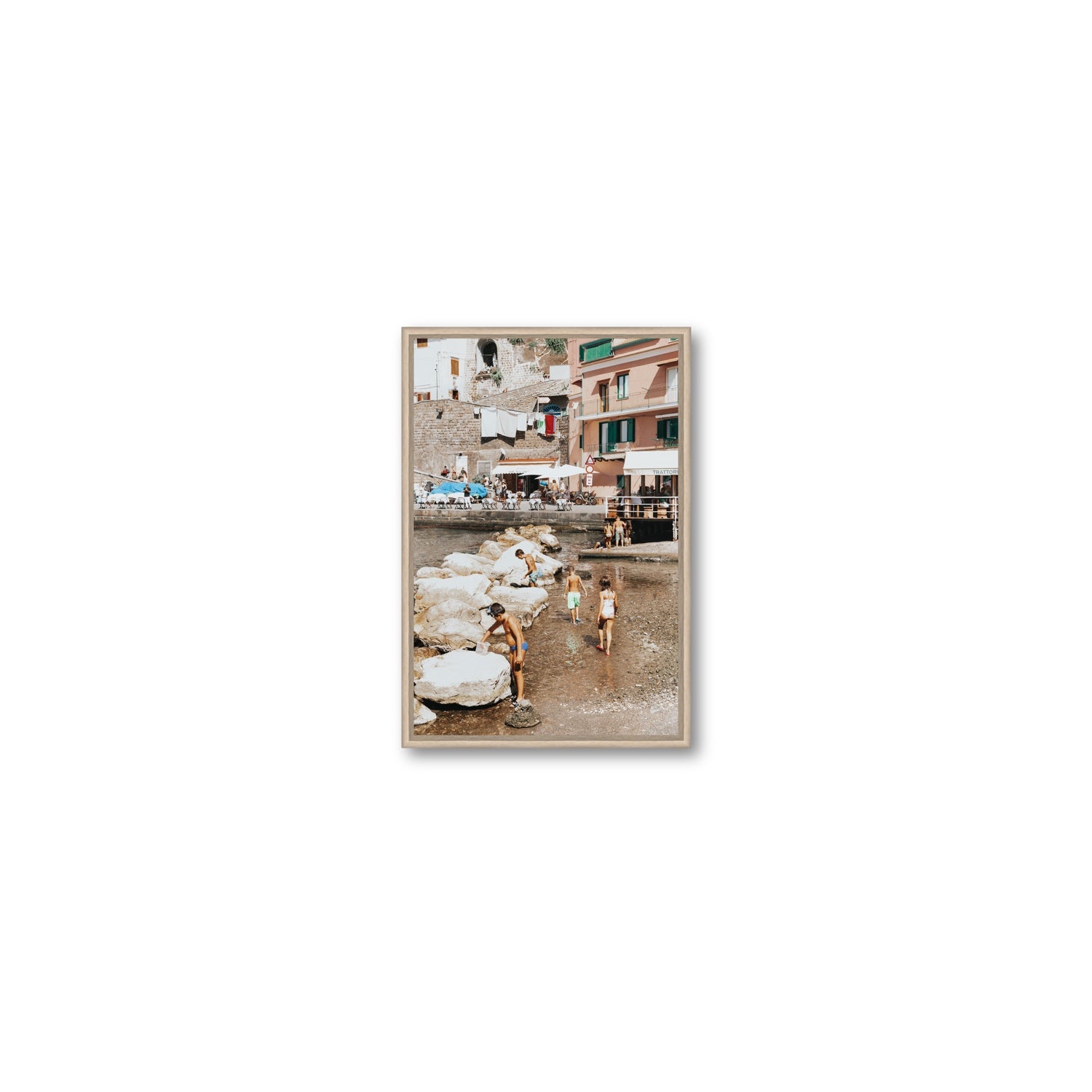 The Beachcombers Sorrento beach coastal wall art Small fine art canvas in natural oak float frame