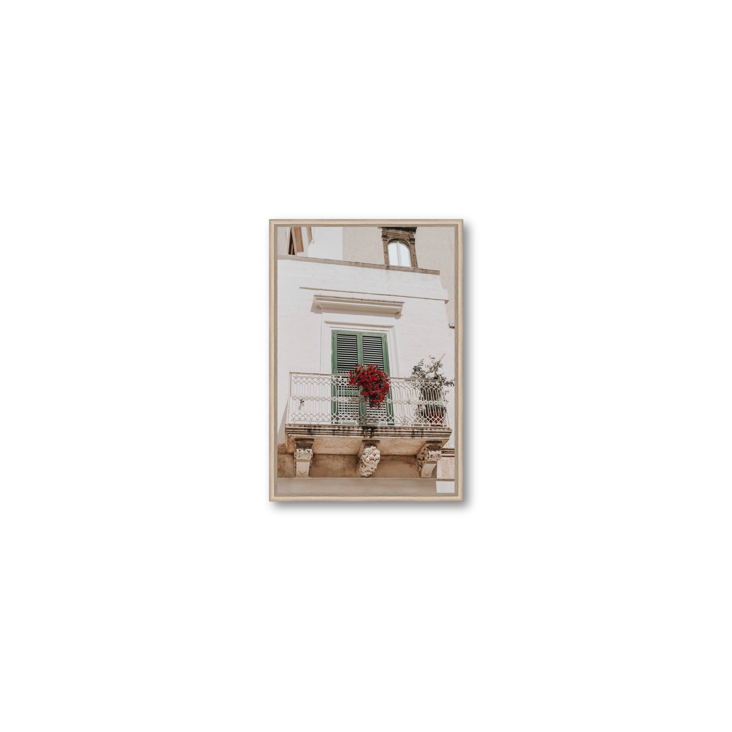 Balcone Estivo Puglia Italian wall art Small fine art canvas in natural oak float frame