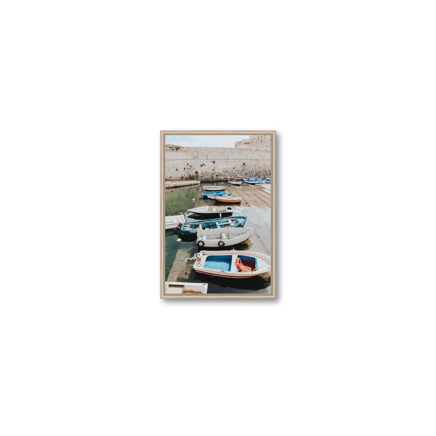 Harbour Palette Puglia coastal photography wall art Small fine art canvas in natural oak float frame